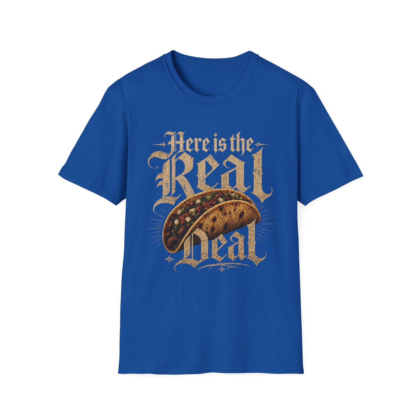 Here Is the Real Deal - Bold Type graphic t-shirt mockup