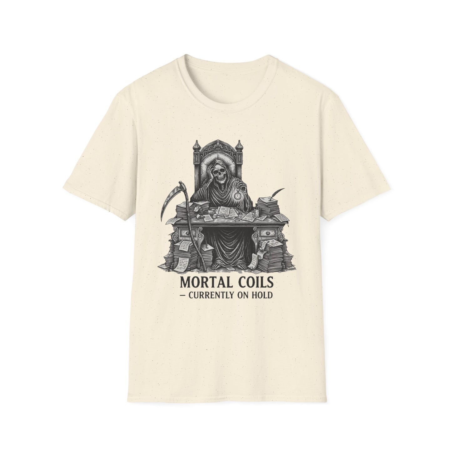 Mortal Coils Currently on Hold graphic t-shirt mockup