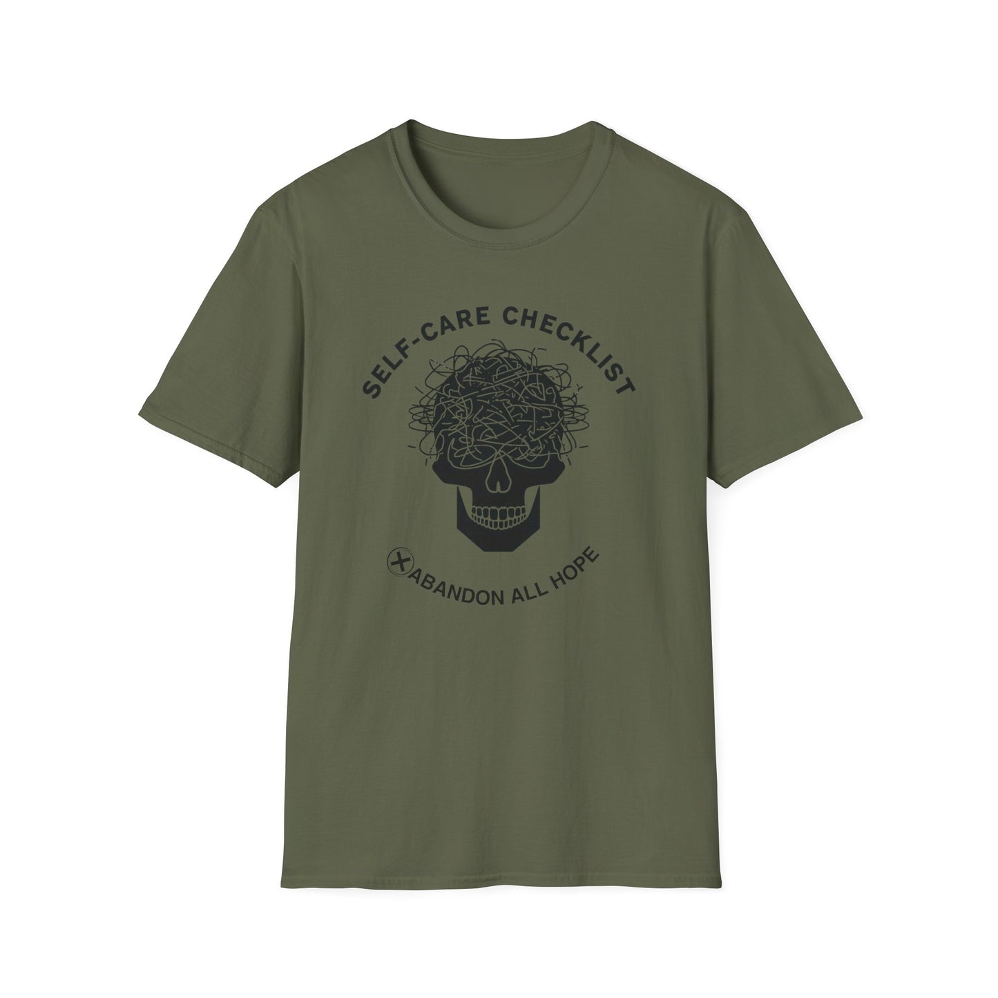 Self-Care Checklist: Abandon All Hope graphic t-shirt mockup