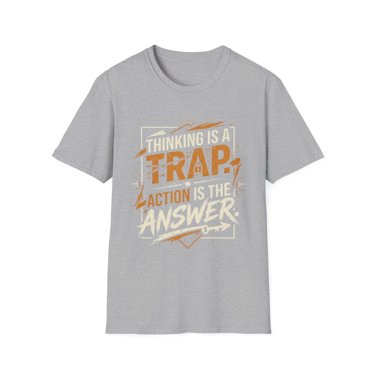 Thinking Is a Trap, Action Is the Answer - Pop Type graphic t-shirt mockup
