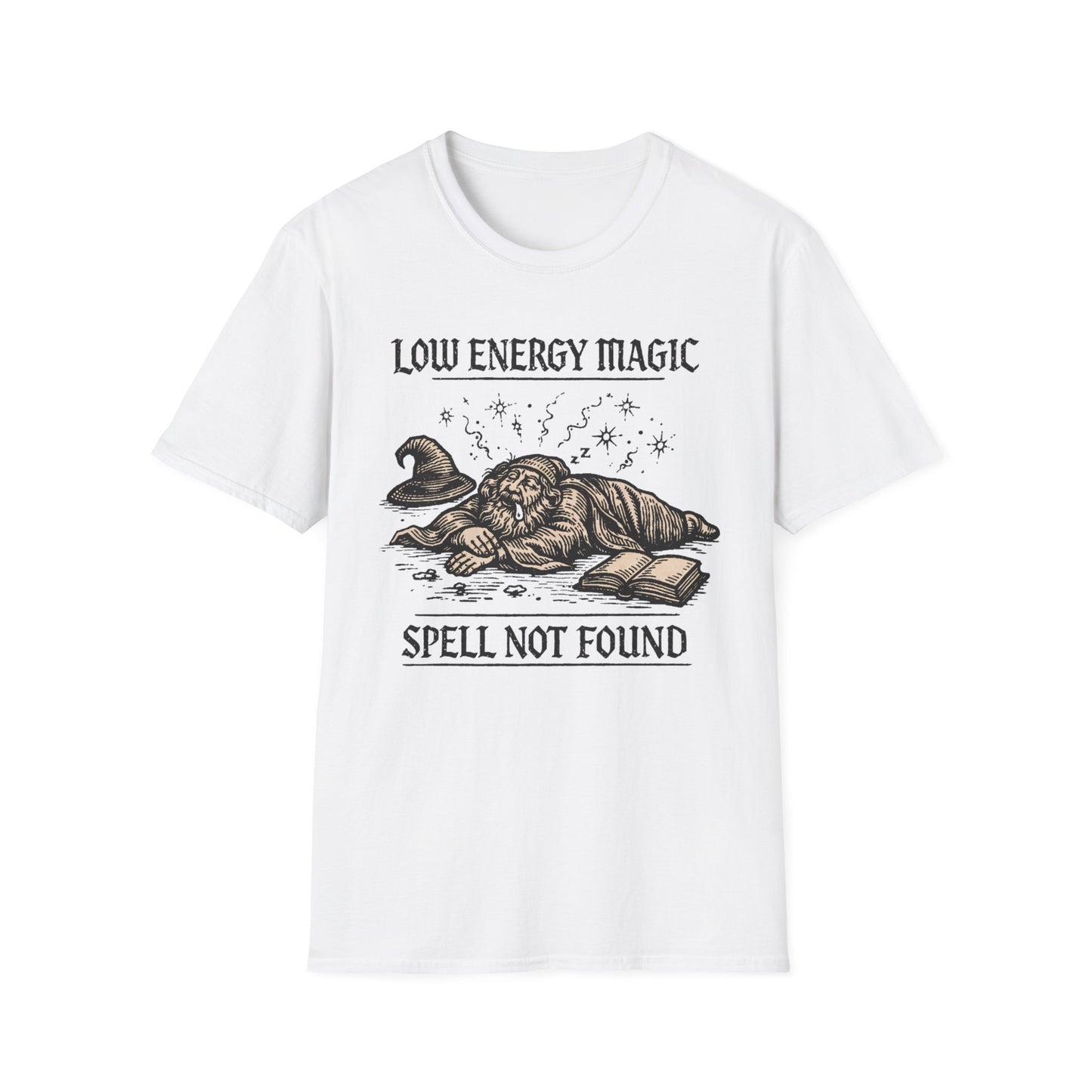 Low Energy Magic: Spell Not Found graphic t-shirt mockup