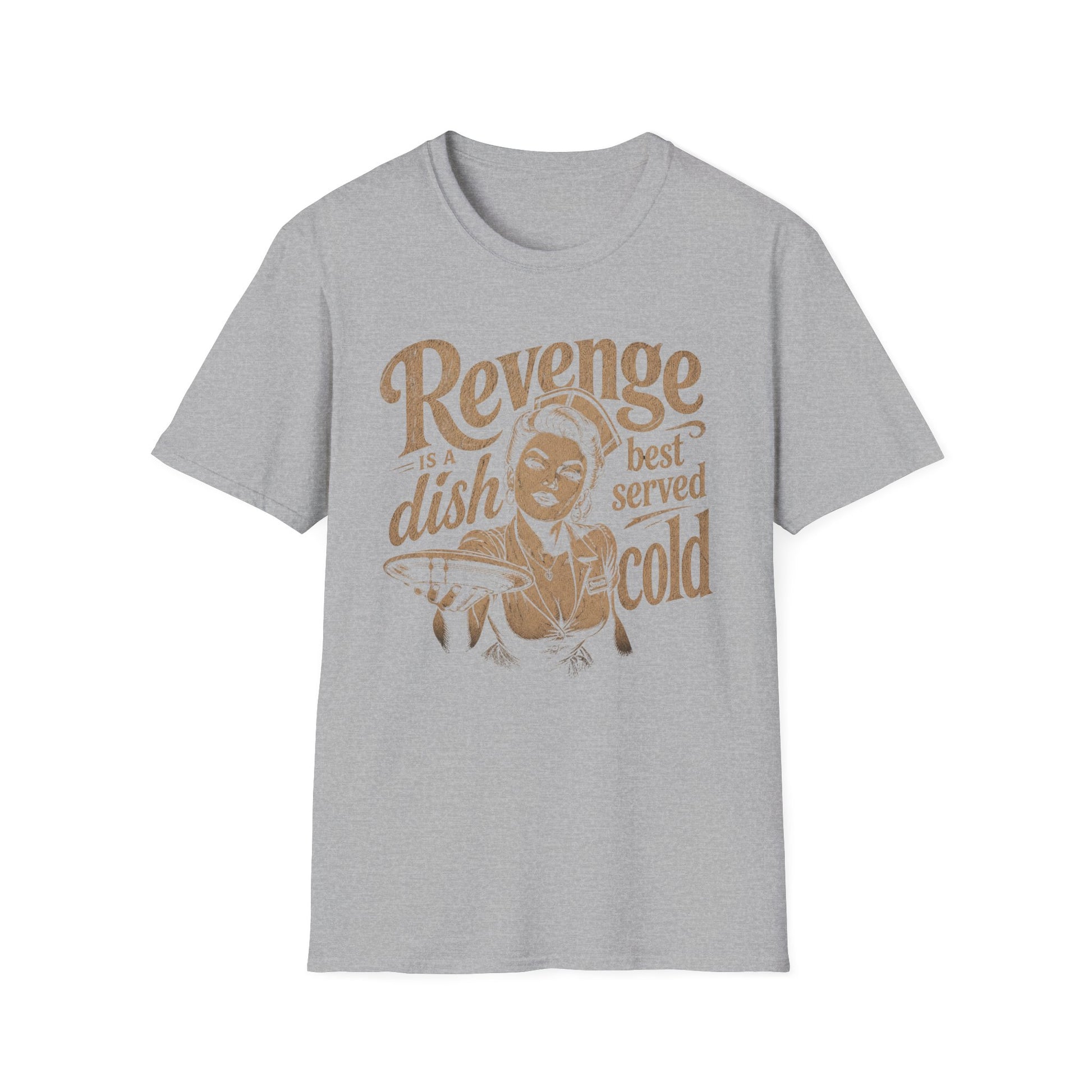 Revenge Is a Dish Best Served Cold - Distressed Script graphic t-shirt mockup
