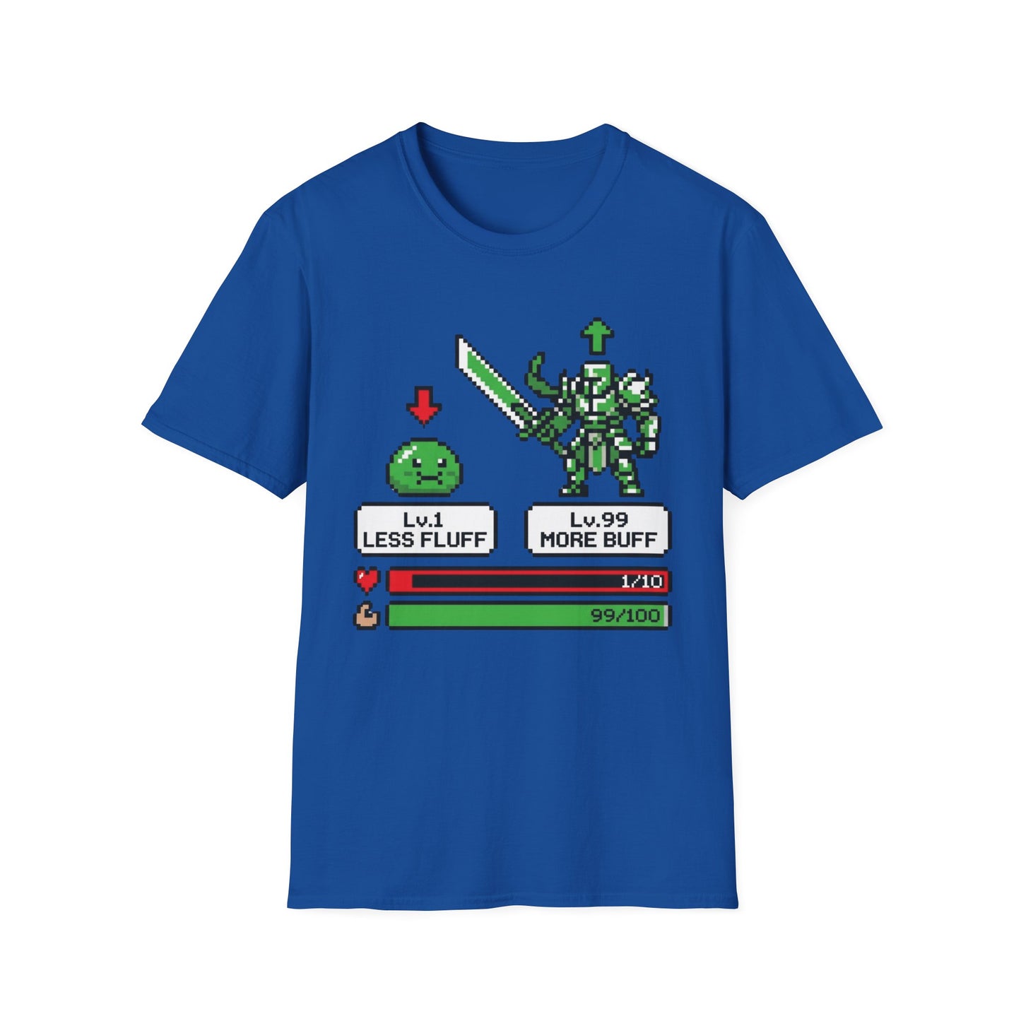 Less Fluff More Buff - 8-Bit Game graphic t-shirt mockup