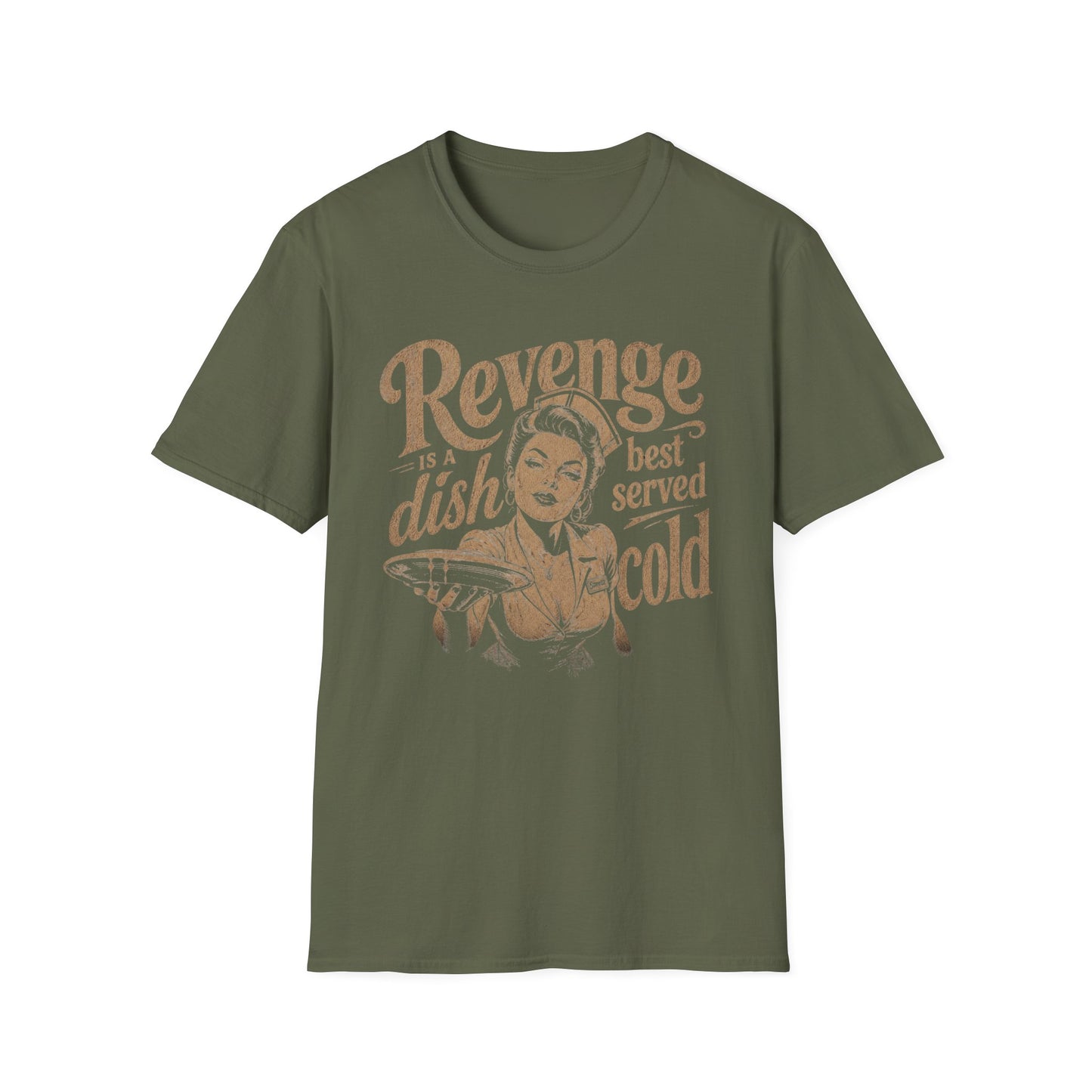 Revenge Is a Dish Best Served Cold - Distressed Script graphic t-shirt mockup