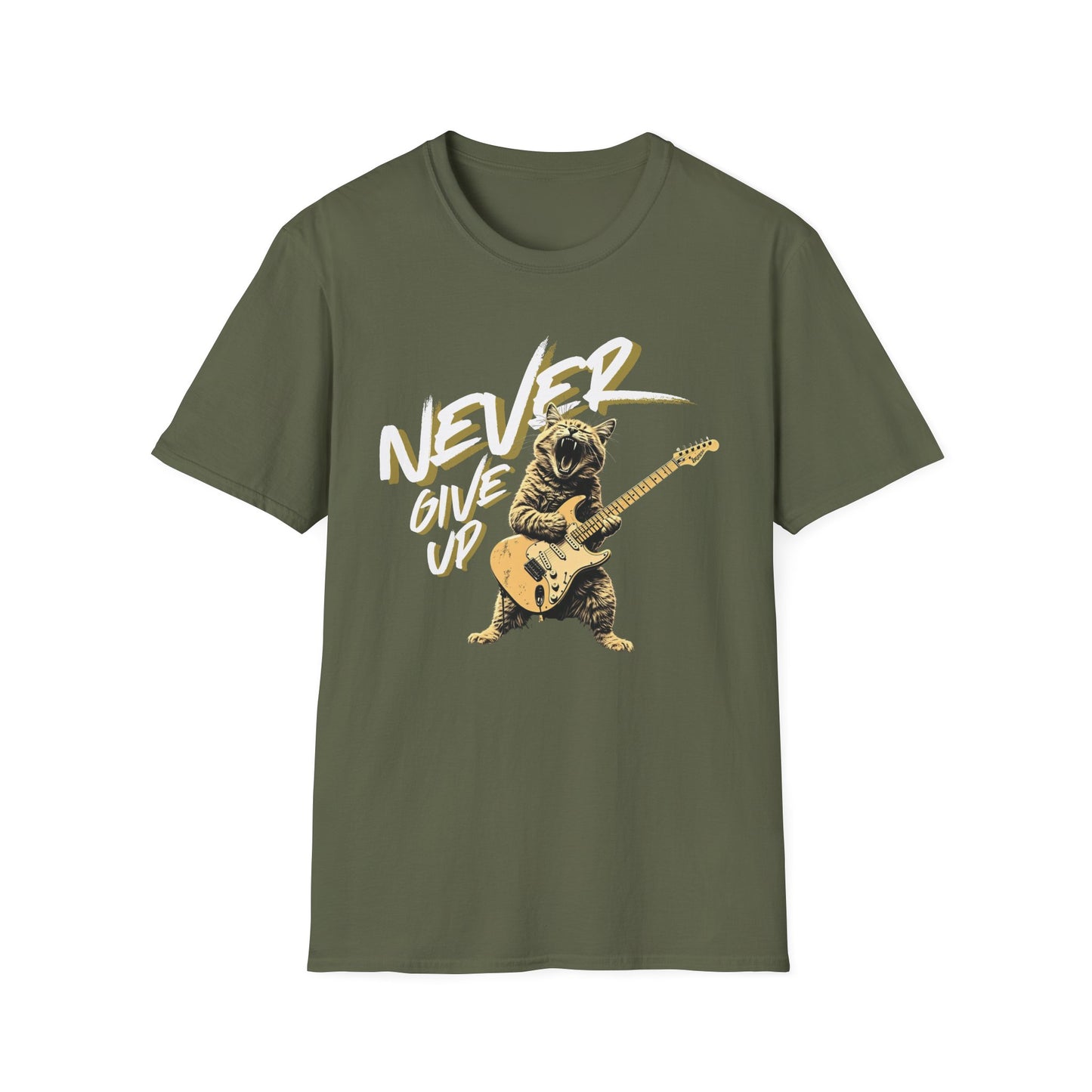 Never Give Up - Rock Cat graphic t-shirt mockup