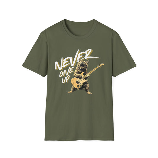 Never Give Up - Rock Cat graphic t-shirt mockup