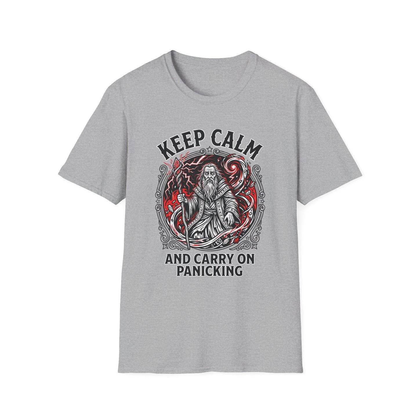 Keep Calm and Carry on Panicking graphic t-shirt mockup
