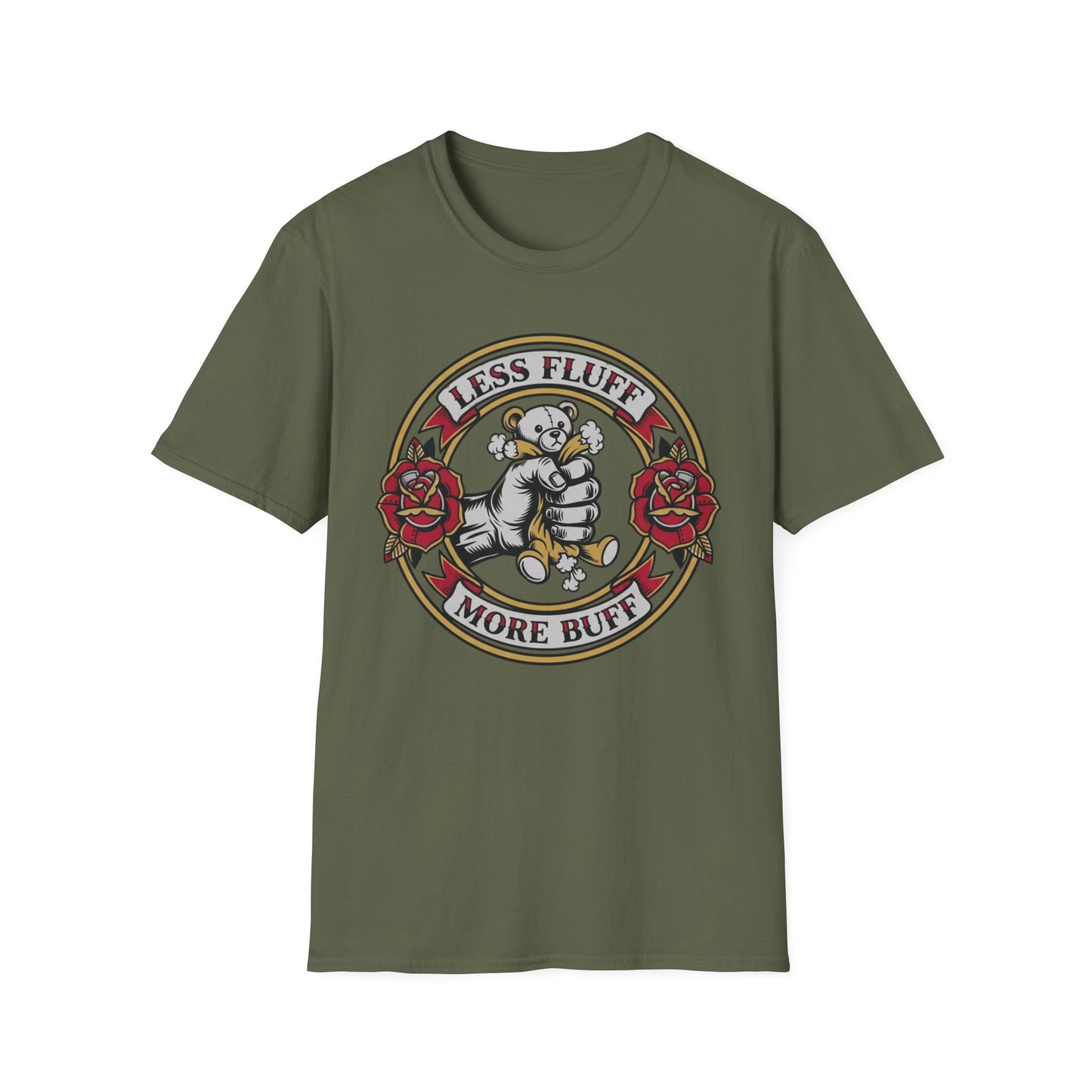 Less Fluff More Buff - Bear Doll graphic t-shirt mockup