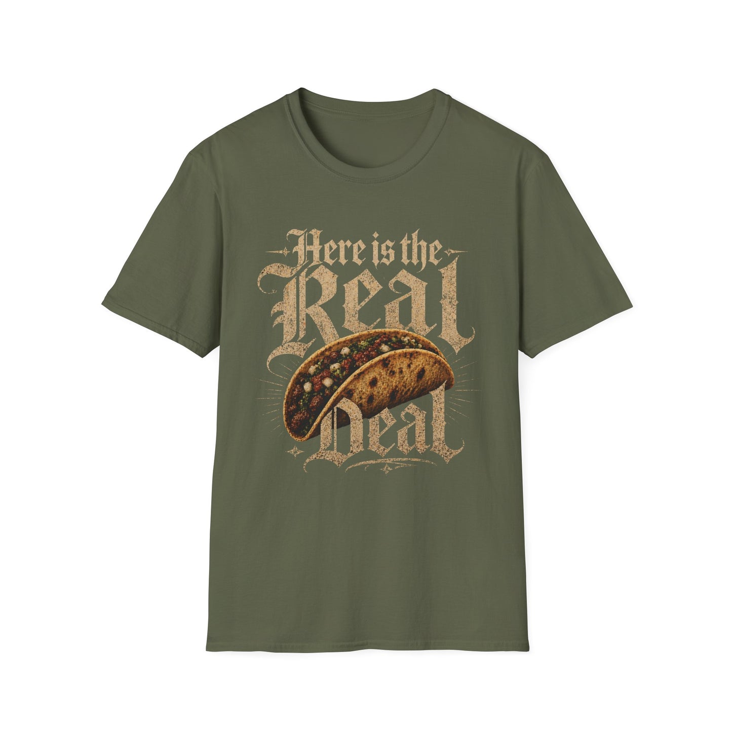 Here Is the Real Deal - Bold Type graphic t-shirt mockup