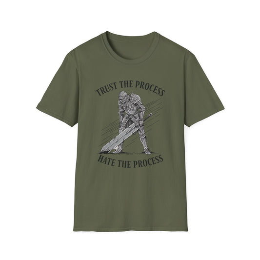 Trust the Process, Hate the Process graphic t-shirt mockup