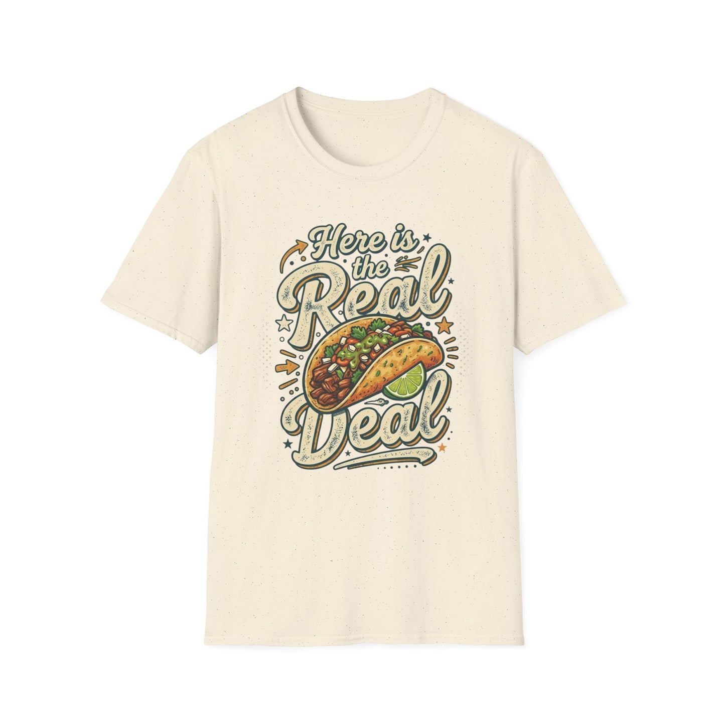 Here Is the Real Deal - Retro Script graphic t-shirt mockup