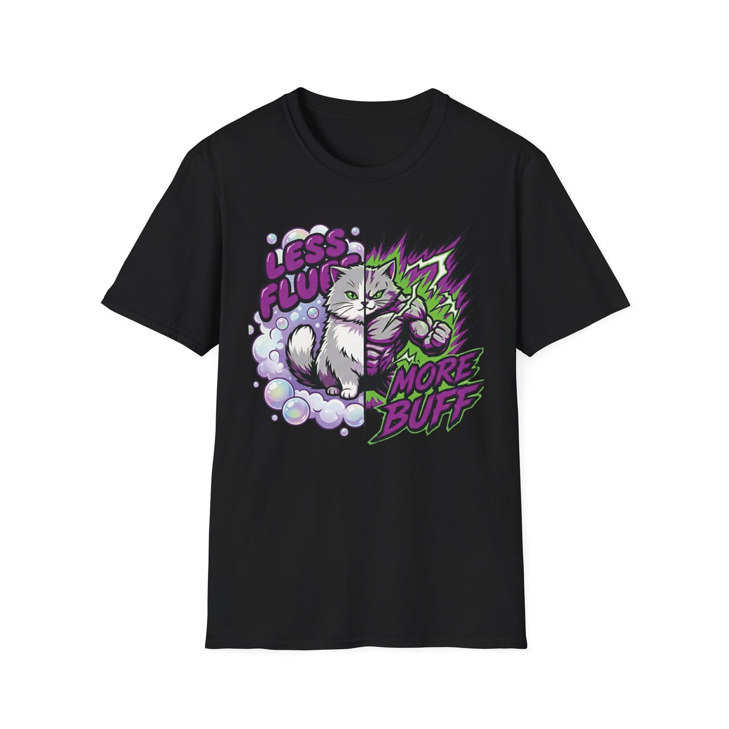 Less Fluff More Buff - Transformation graphic t-shirt mockup