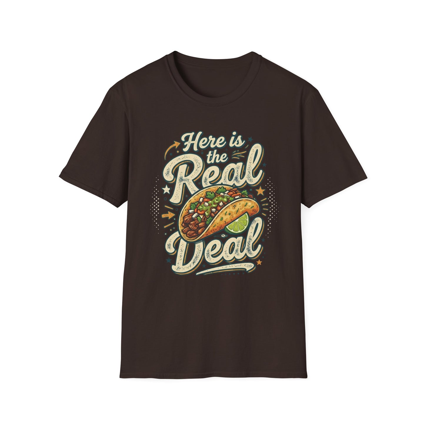 Here Is the Real Deal - Retro Script graphic t-shirt mockup