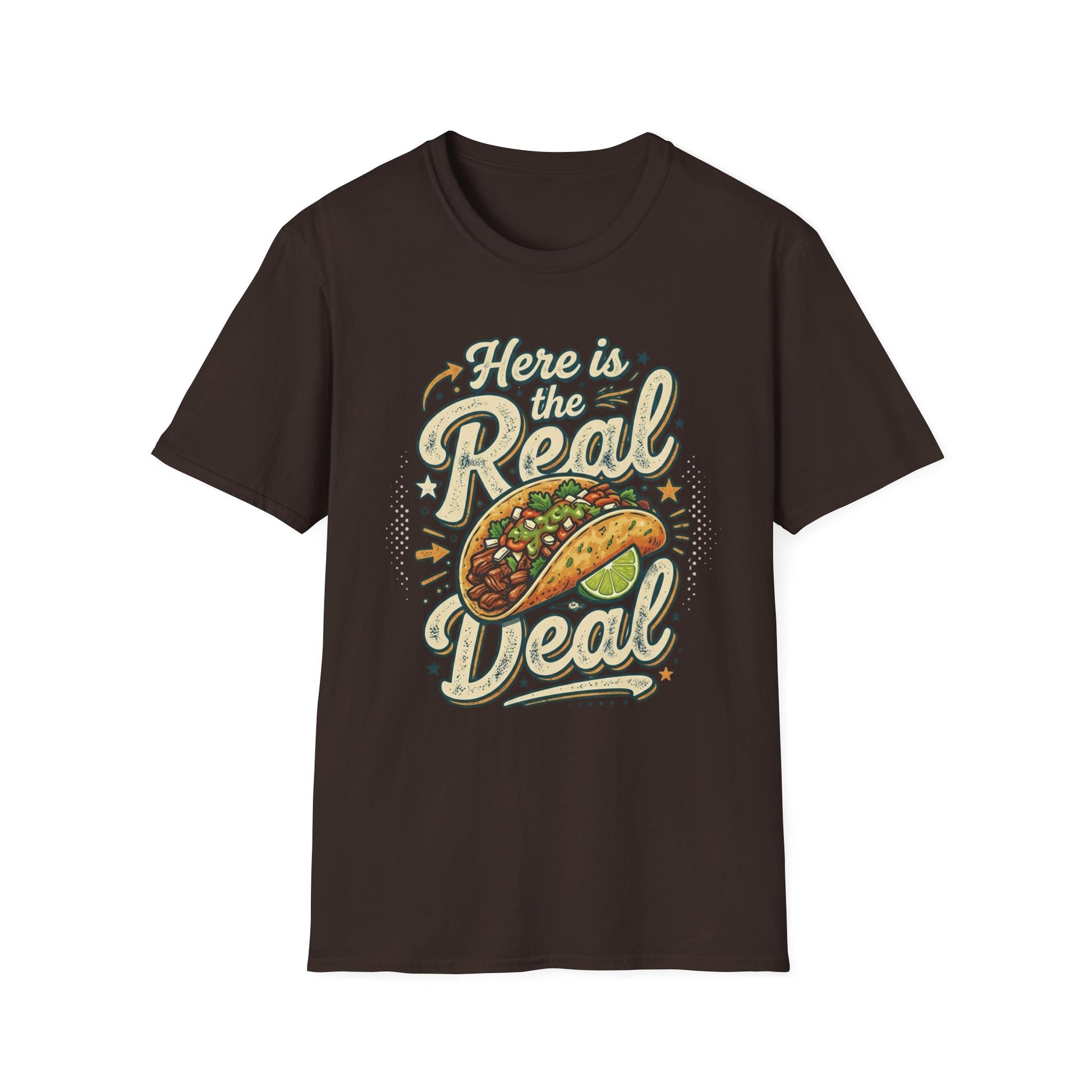 Here Is the Real Deal - Retro Script graphic t-shirt mockup