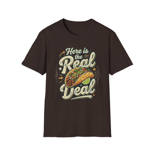 Here Is the Real Deal - Retro Script graphic t-shirt mockup