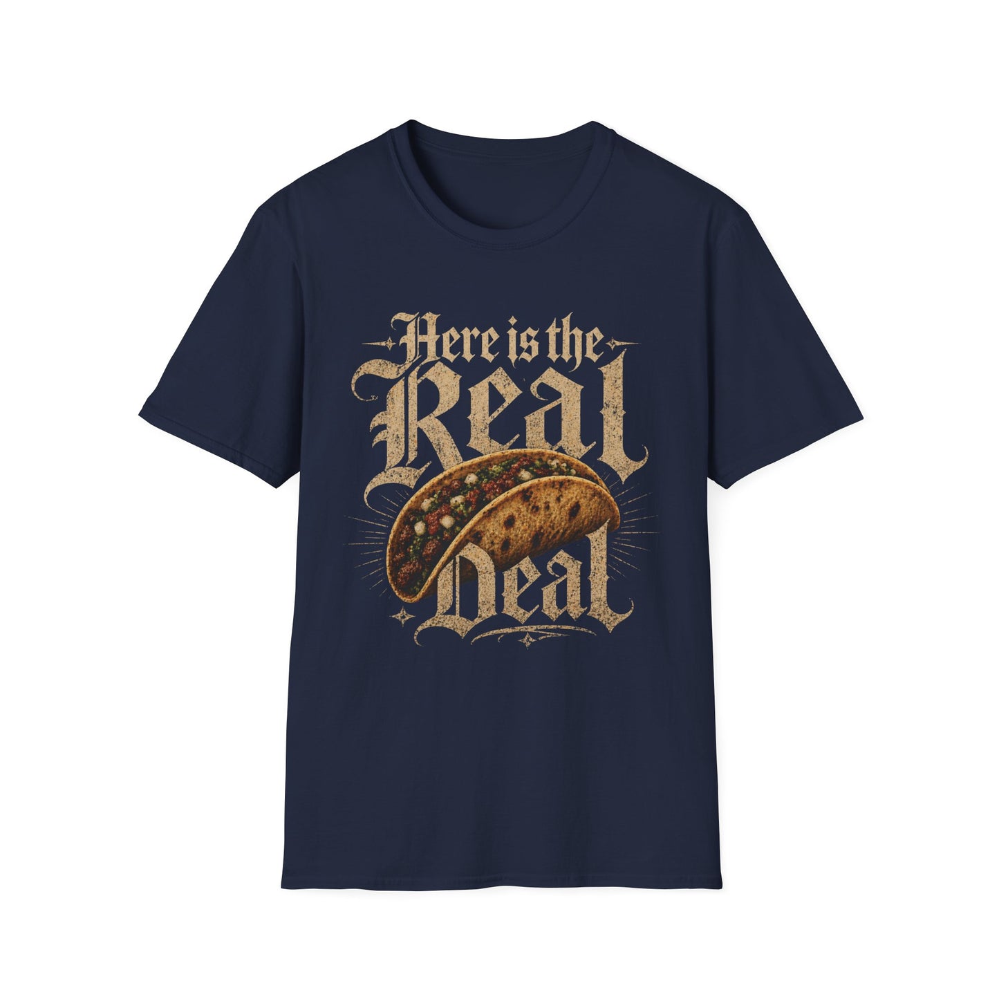 Here Is the Real Deal - Bold Type graphic t-shirt mockup