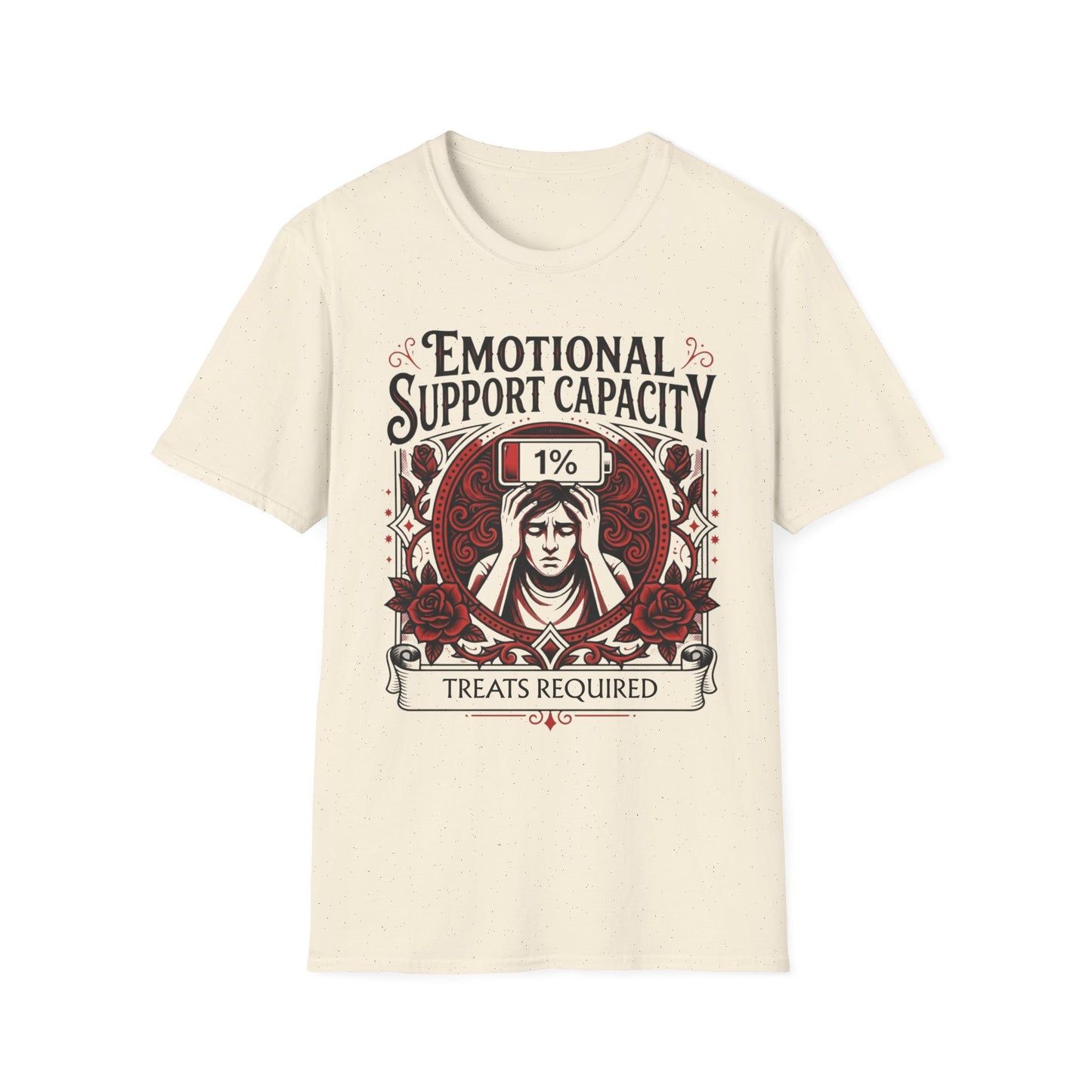 Emotional Support Capacity: 1% Treat Required graphic t-shirt mockup