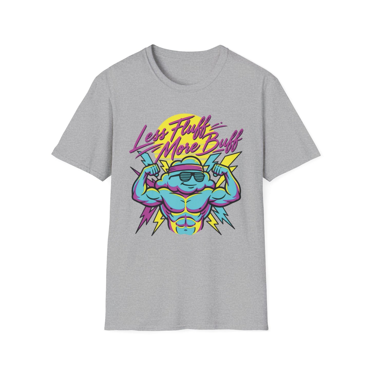 Less Fluff More Buff - Cloudman graphic t-shirt mockup