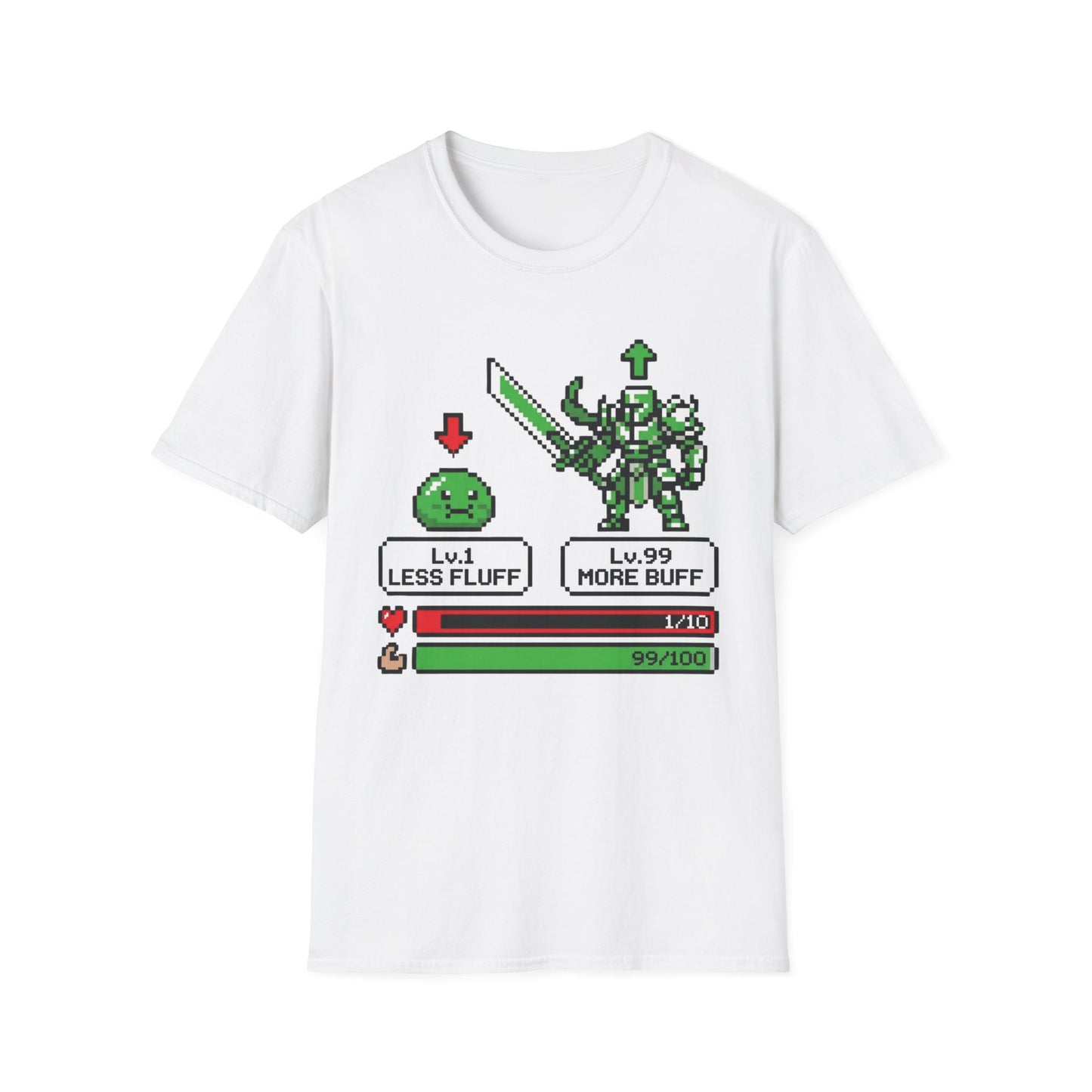 Less Fluff More Buff - 8-Bit Game graphic t-shirt mockup