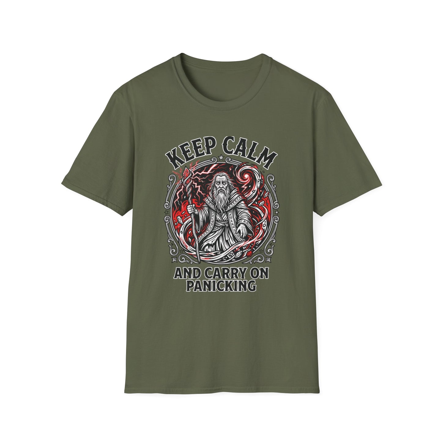 Keep Calm and Carry on Panicking graphic t-shirt mockup