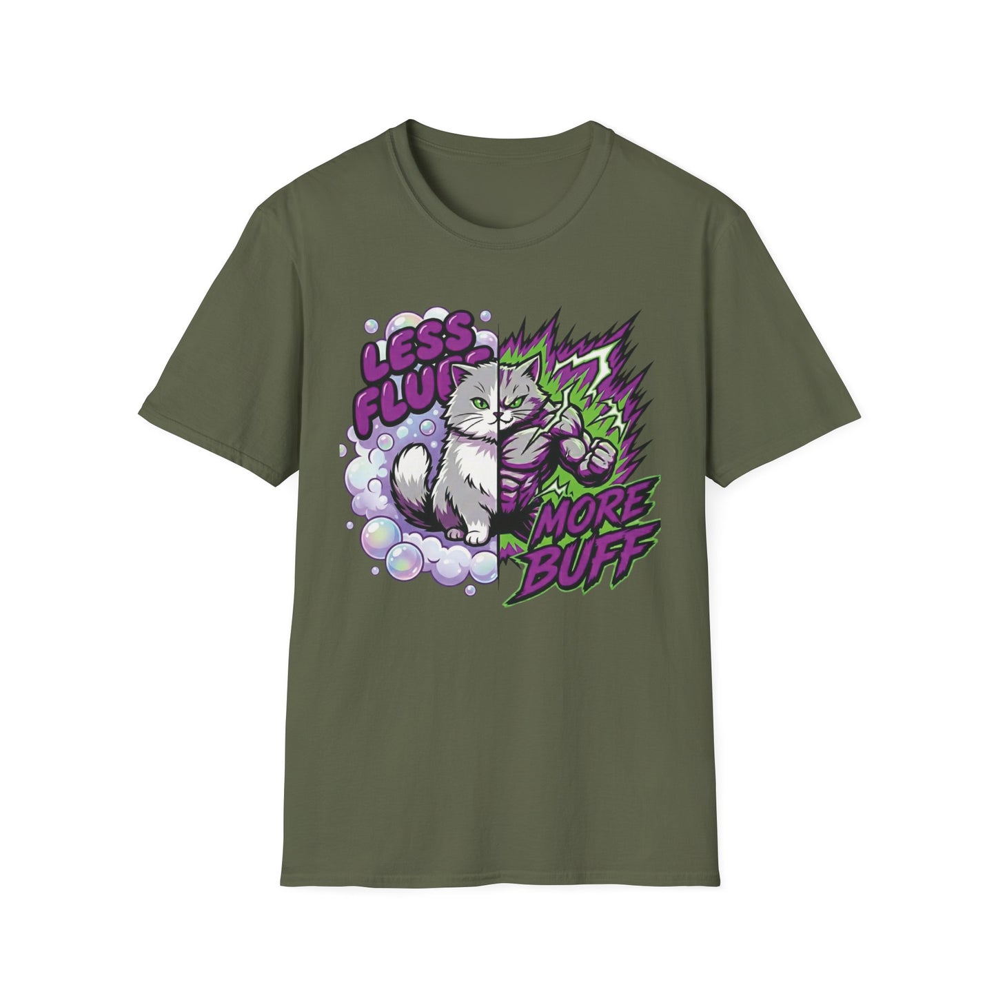 Less Fluff More Buff - Transformation graphic t-shirt mockup