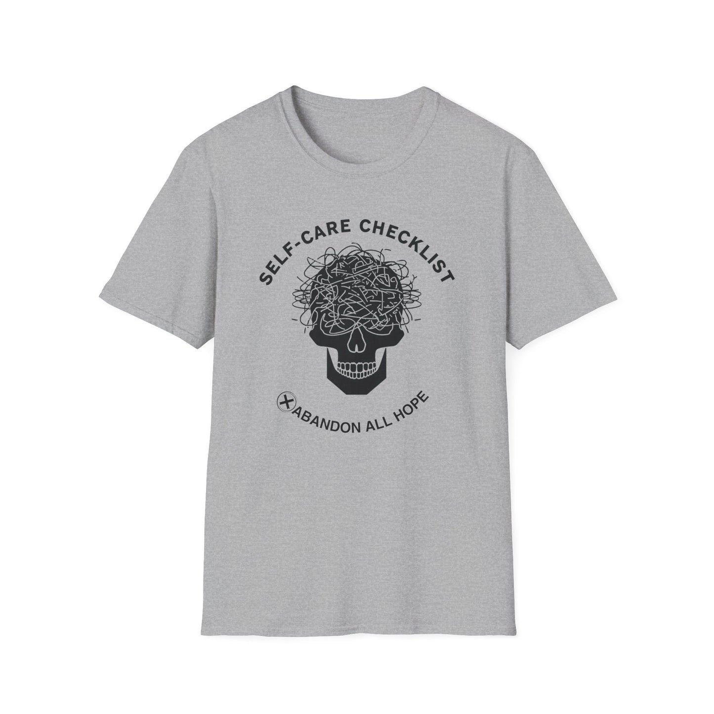 Self-Care Checklist: Abandon All Hope graphic t-shirt mockup
