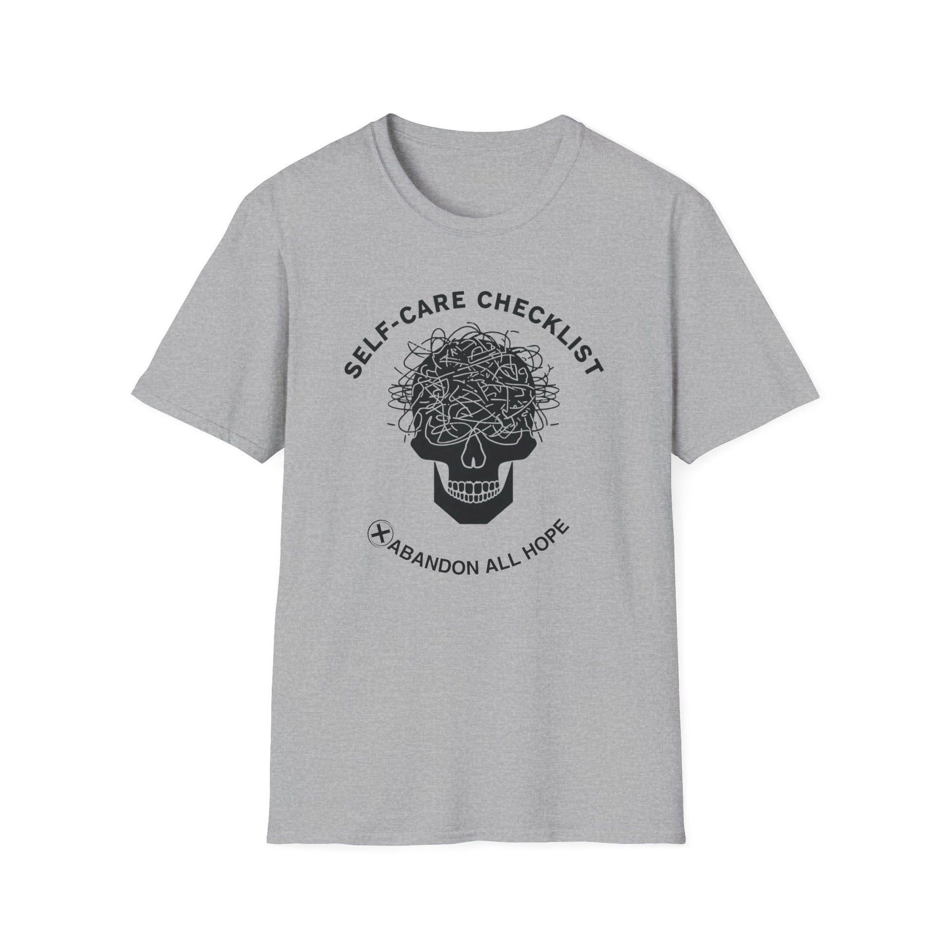 Self-Care Checklist: Abandon All Hope graphic t-shirt mockup