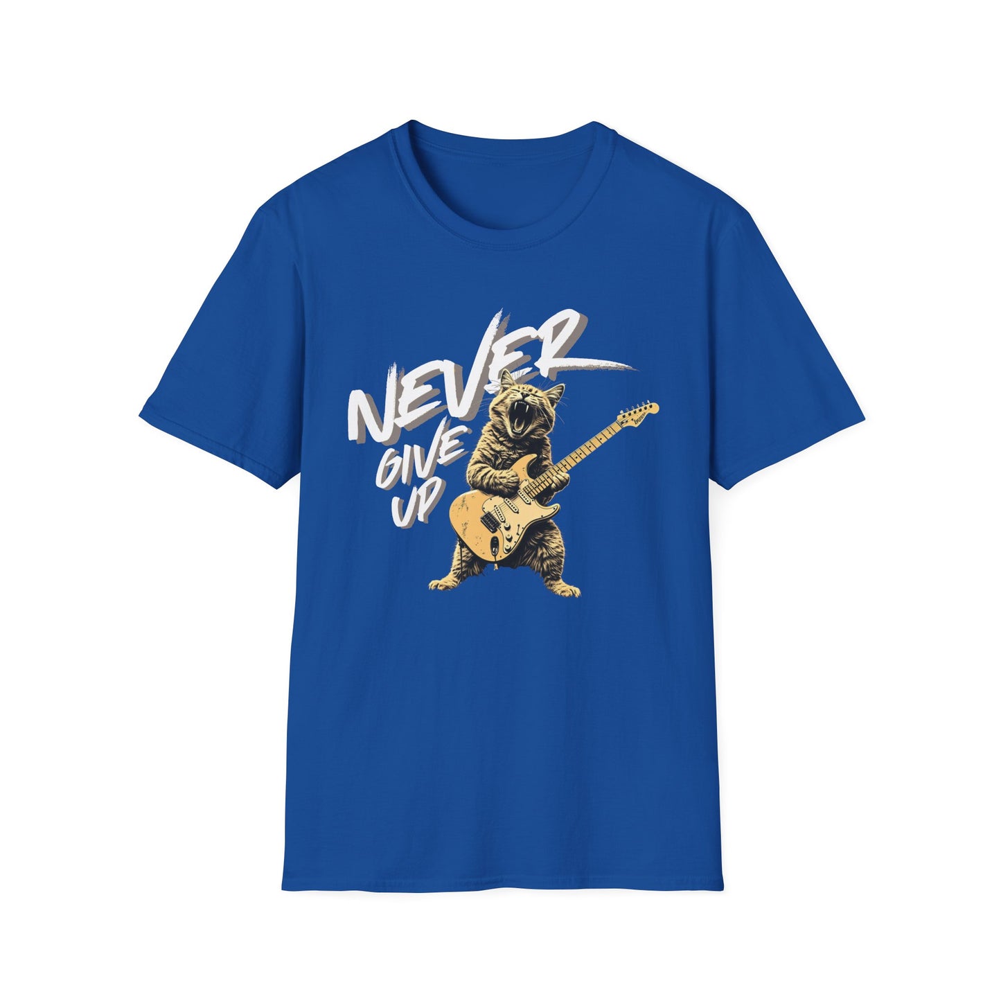 Never Give Up - Rock Cat graphic t-shirt mockup