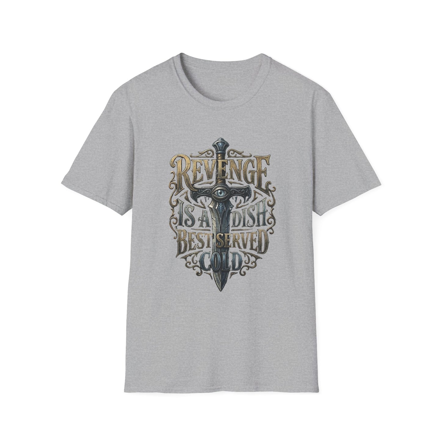 Revenge Is a Dish Best Served Cold - Gothic Crest graphic t-shirt mockup