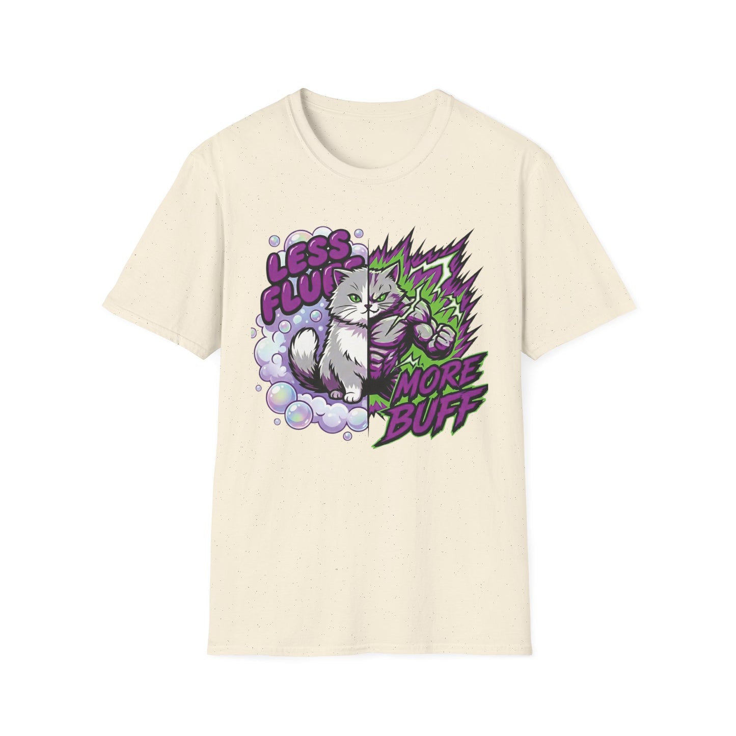 Less Fluff More Buff - Transformation graphic t-shirt mockup