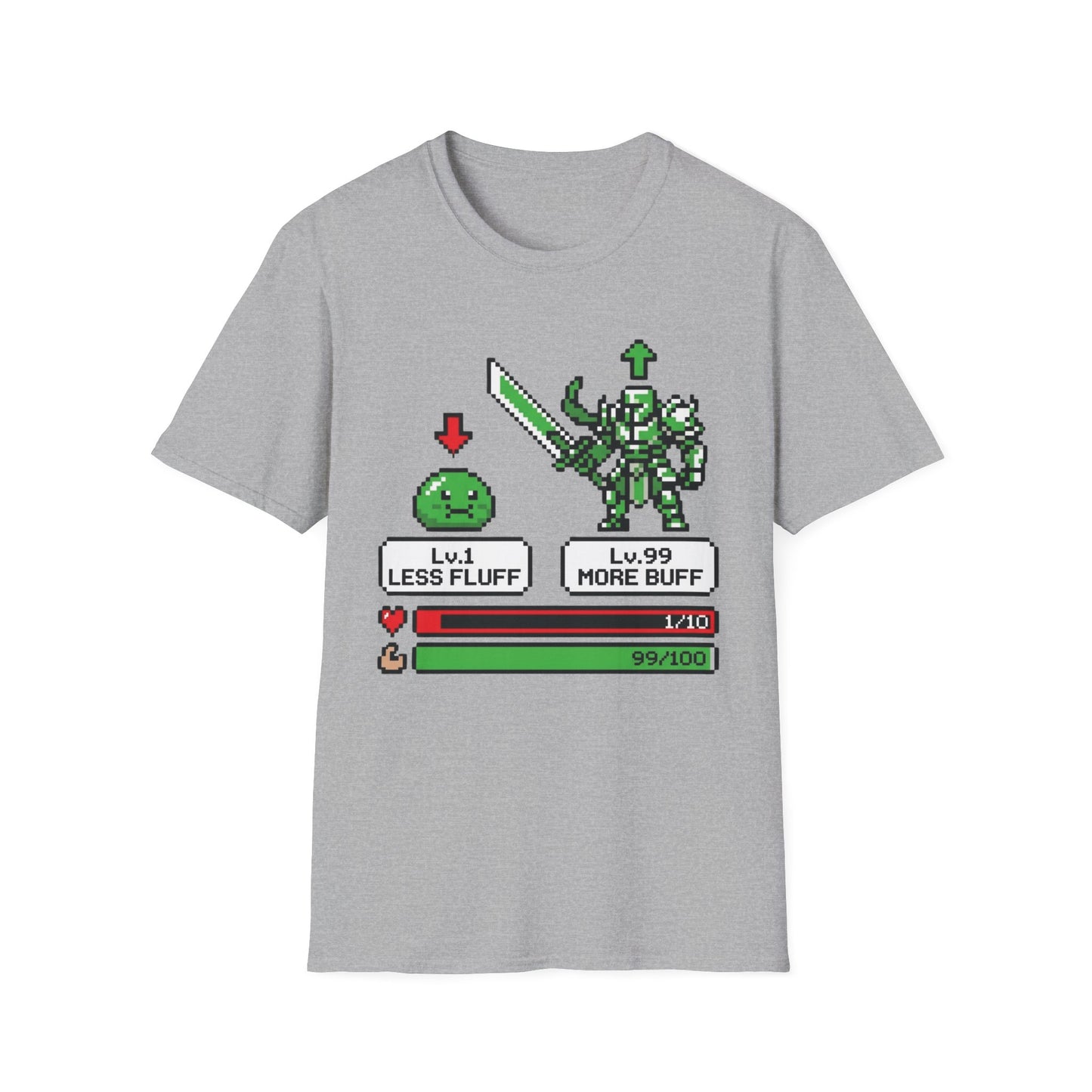 Less Fluff More Buff - 8-Bit Game graphic t-shirt mockup