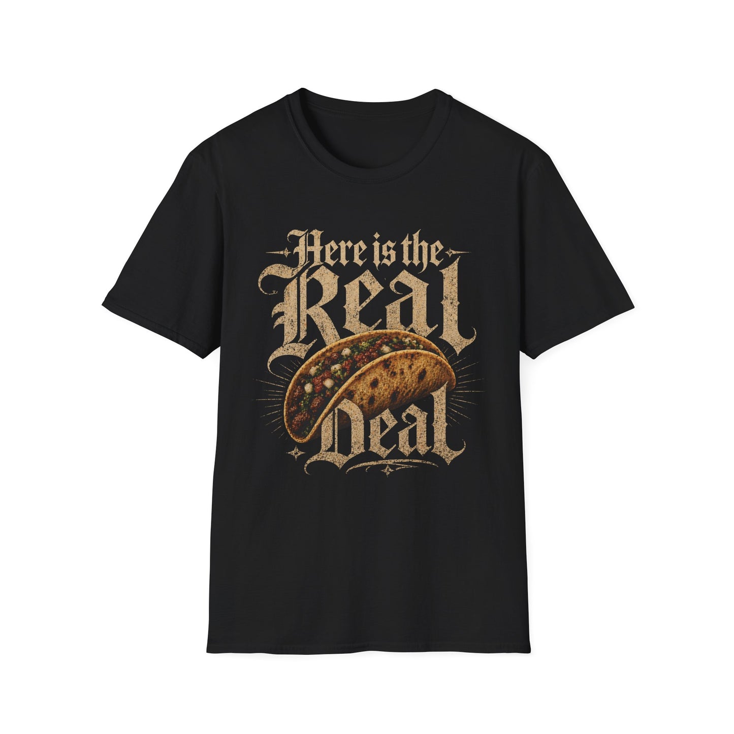 Here Is the Real Deal - Bold Type graphic t-shirt mockup