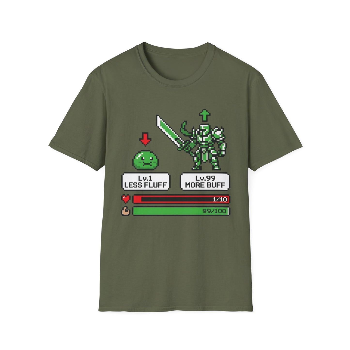 Less Fluff More Buff - 8-Bit Game graphic t-shirt mockup