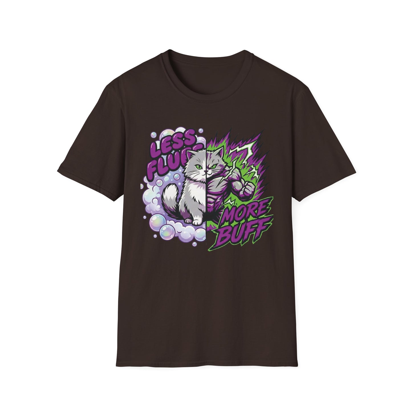 Less Fluff More Buff - Transformation graphic t-shirt mockup