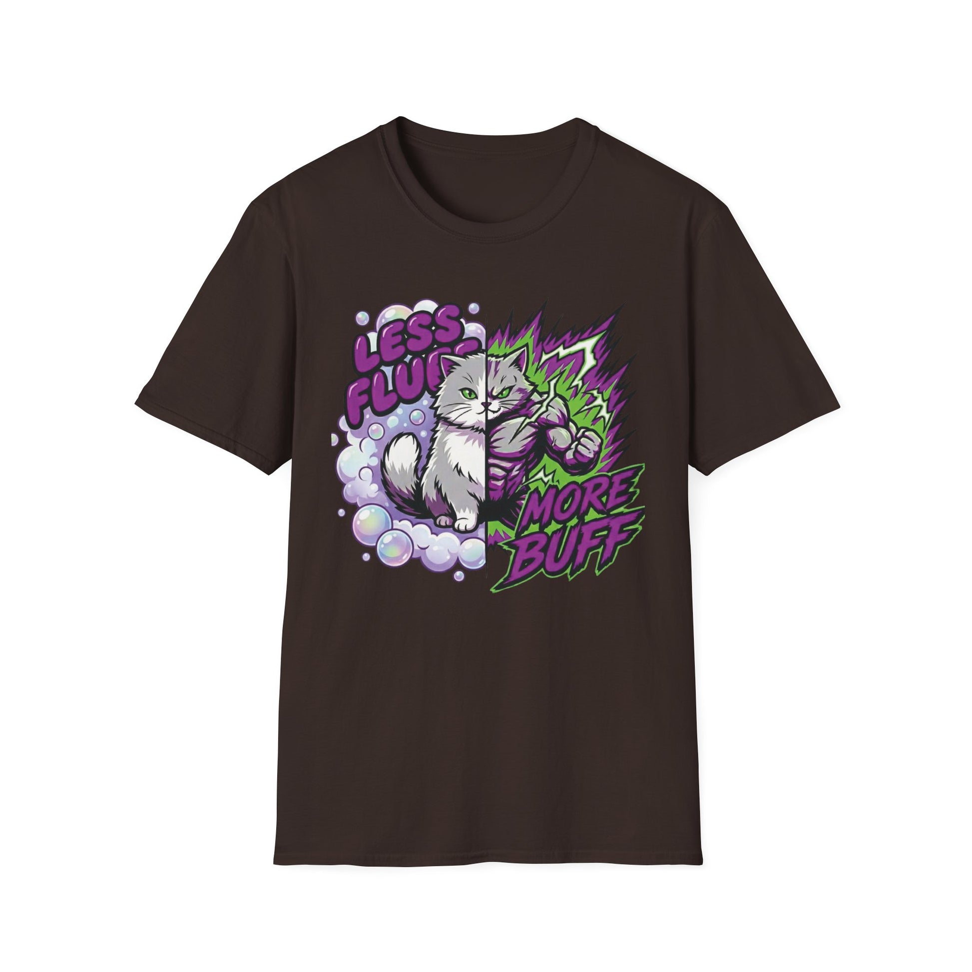 Less Fluff More Buff - Transformation graphic t-shirt mockup