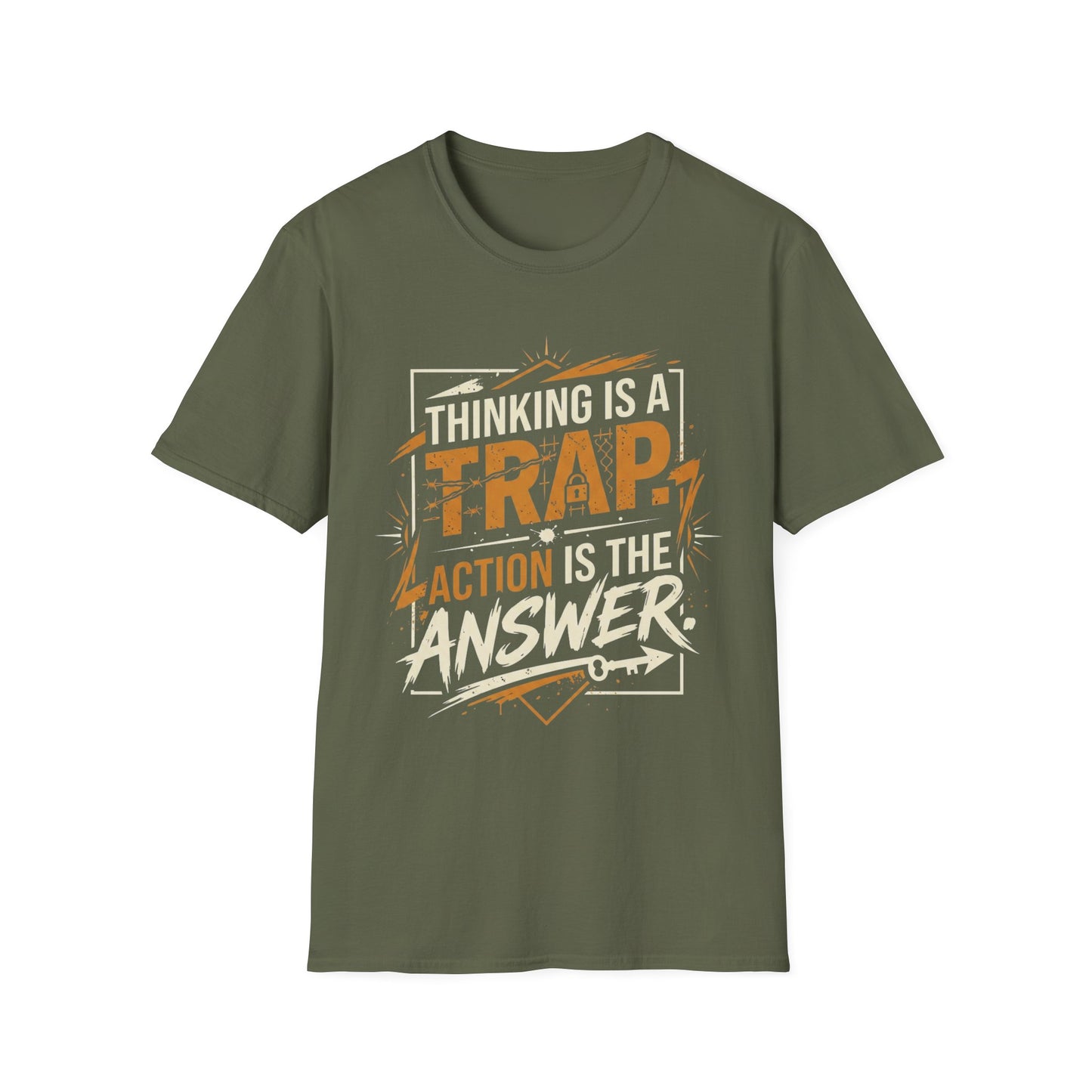 Thinking Is a Trap, Action Is the Answer - Pop Type graphic t-shirt mockup