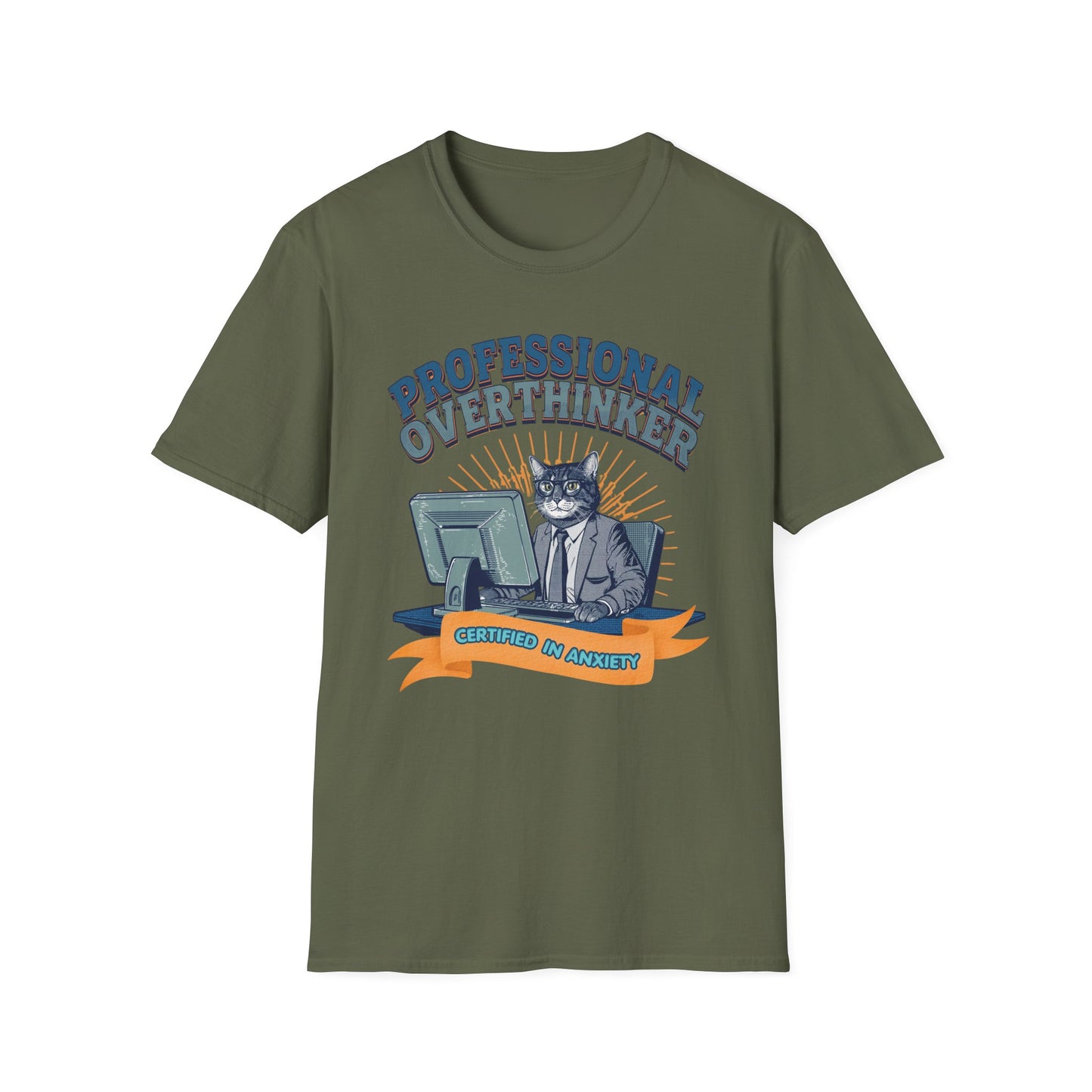 Professional Overthinker Cat graphic t-shirt mockup