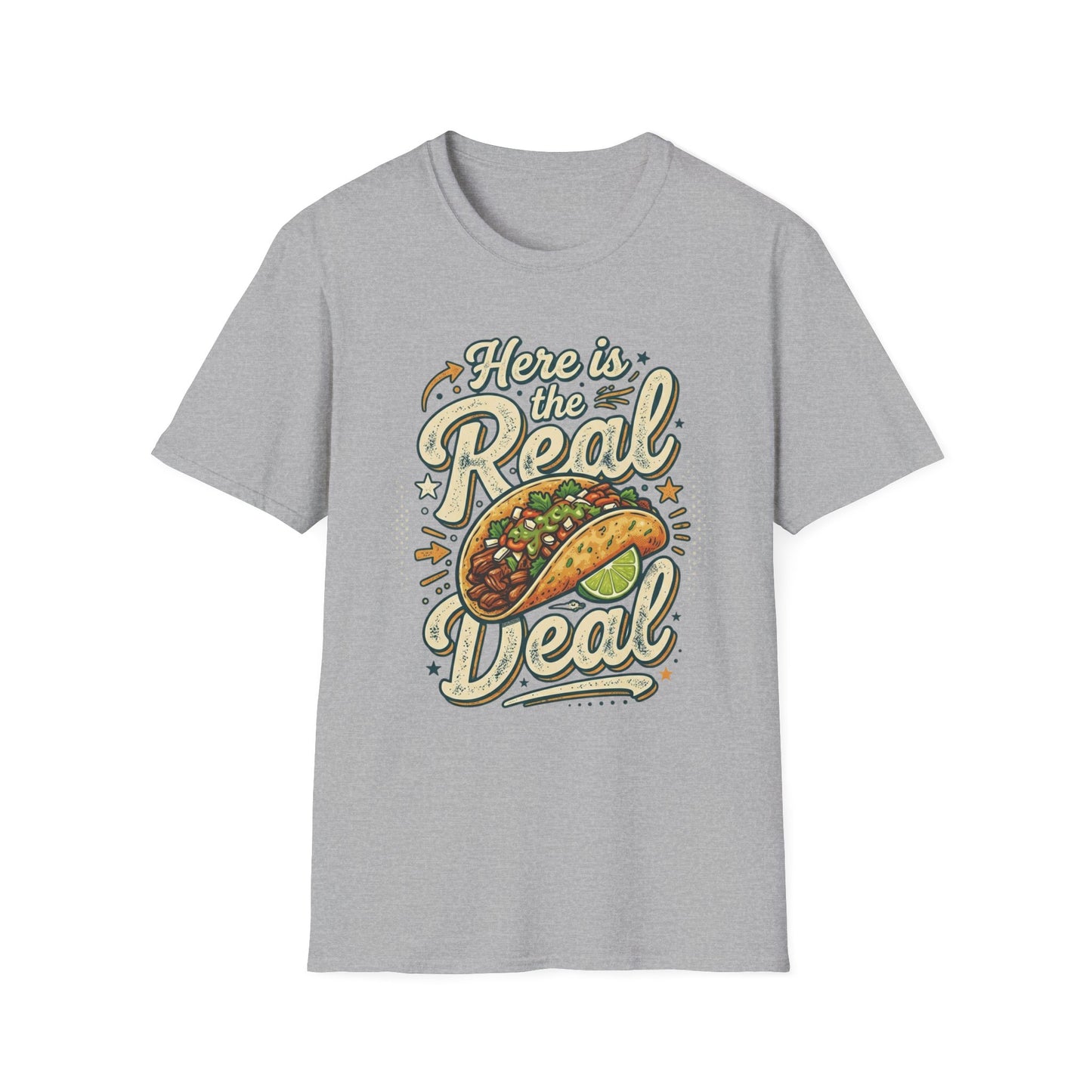Here Is the Real Deal - Retro Script graphic t-shirt mockup