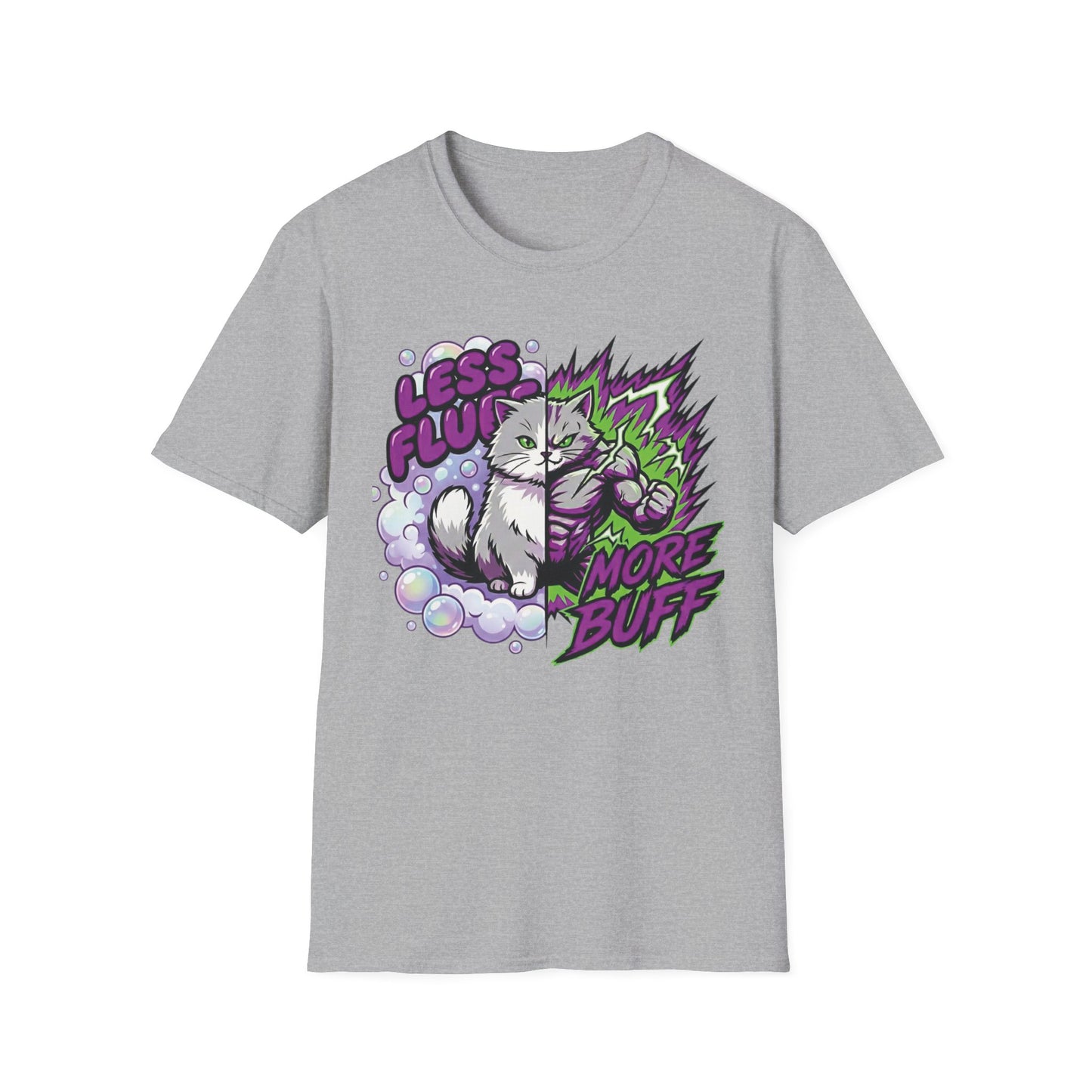 Less Fluff More Buff - Transformation graphic t-shirt mockup