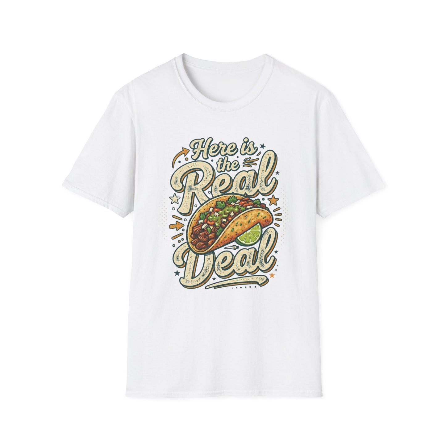 Here Is the Real Deal - Retro Script graphic t-shirt mockup
