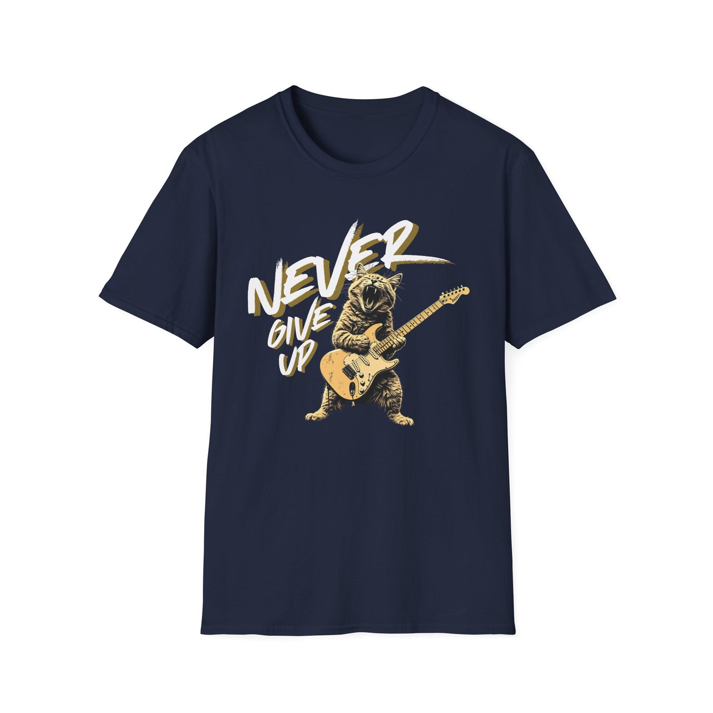 Never Give Up - Rock Cat graphic t-shirt mockup