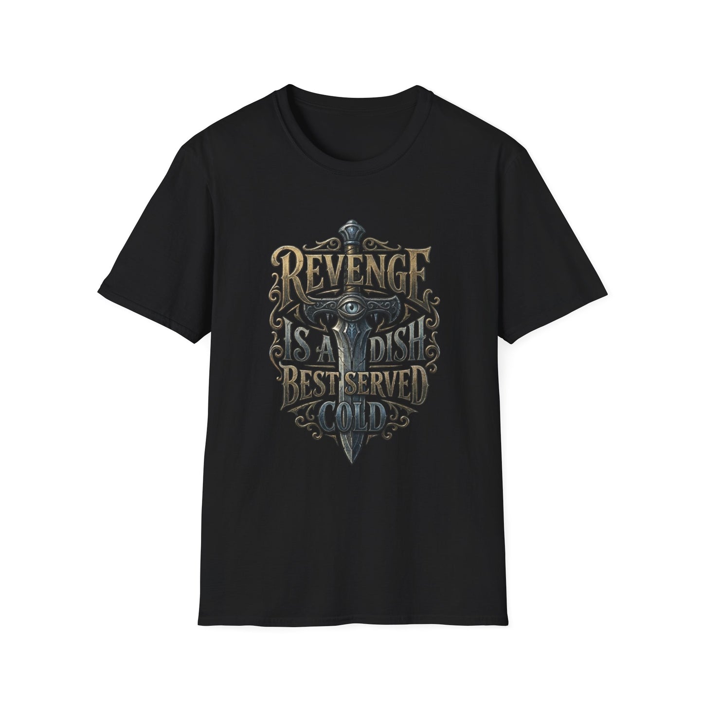 Revenge Is a Dish Best Served Cold - Gothic Crest graphic t-shirt mockup