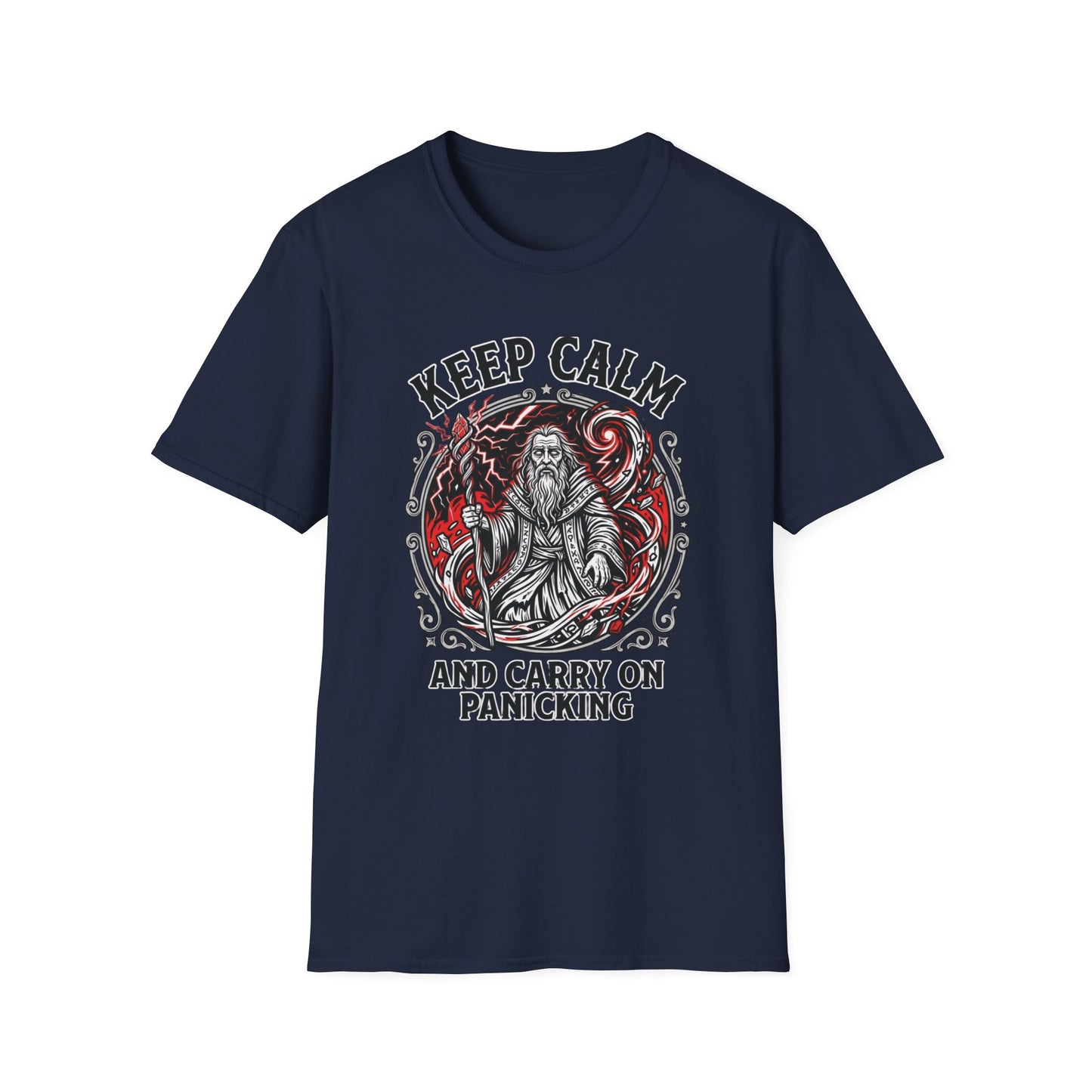 Keep Calm and Carry on Panicking graphic t-shirt mockup