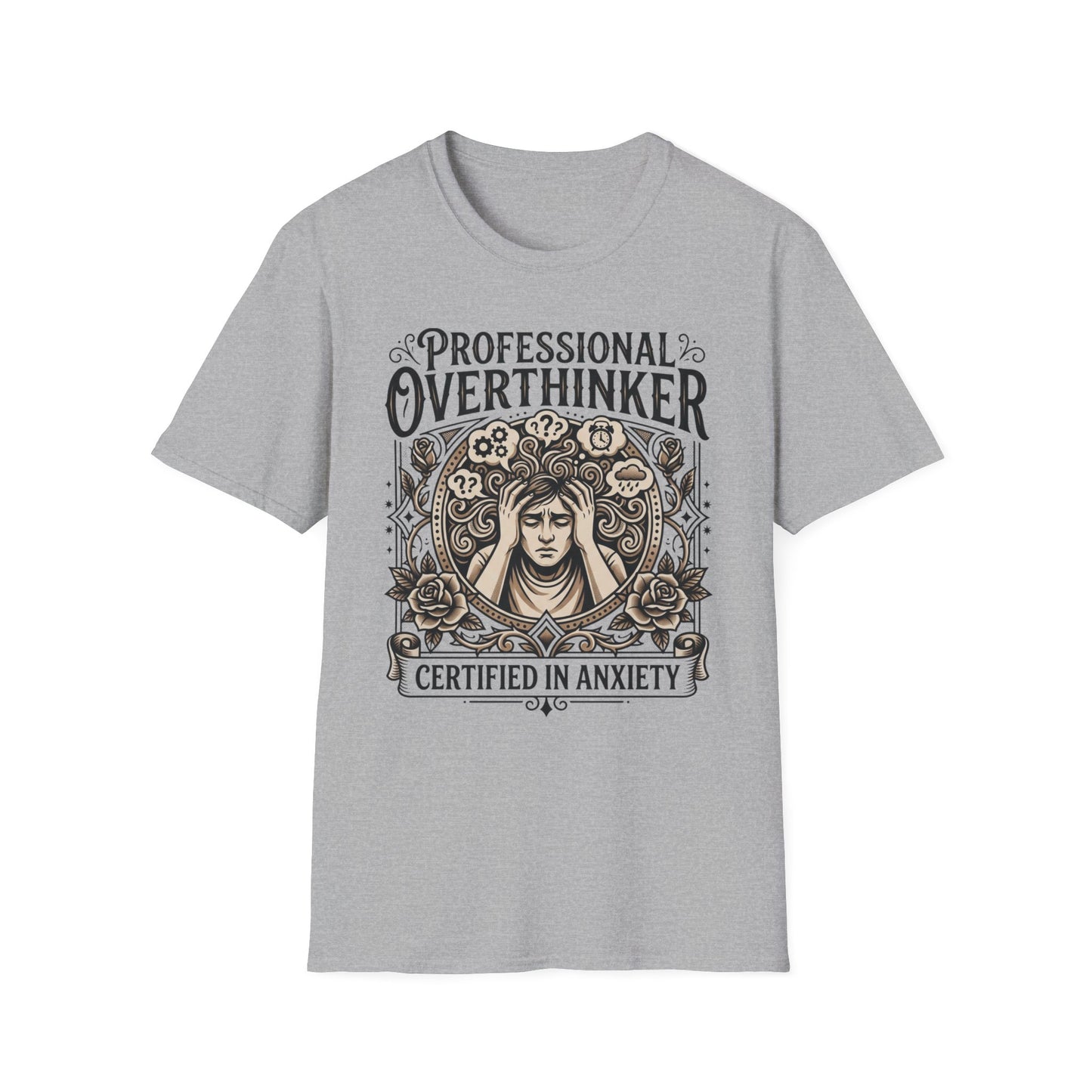 Professional Overthinker Certified in Anxiety graphic t-shirt mockup