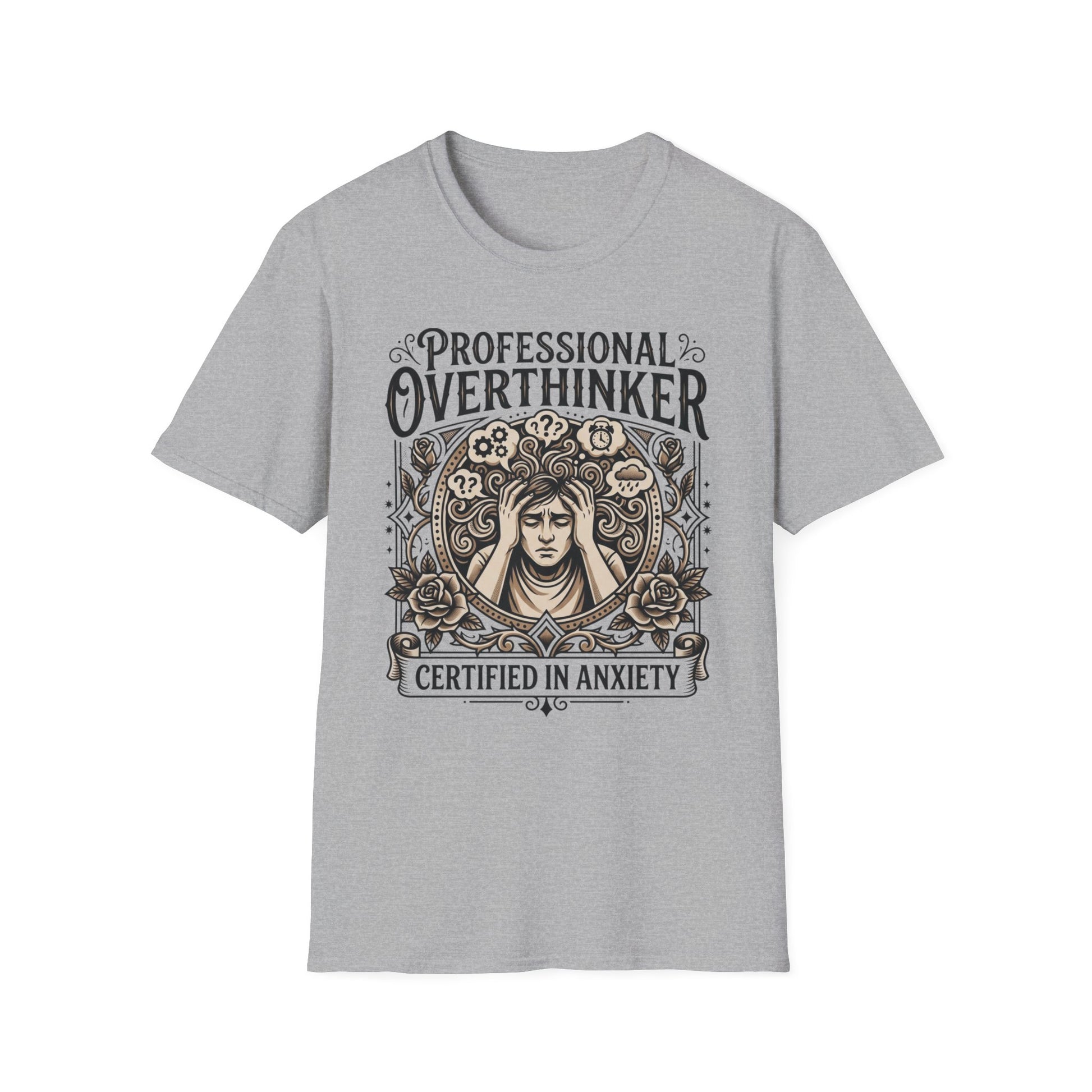 Professional Overthinker Certified in Anxiety graphic t-shirt mockup