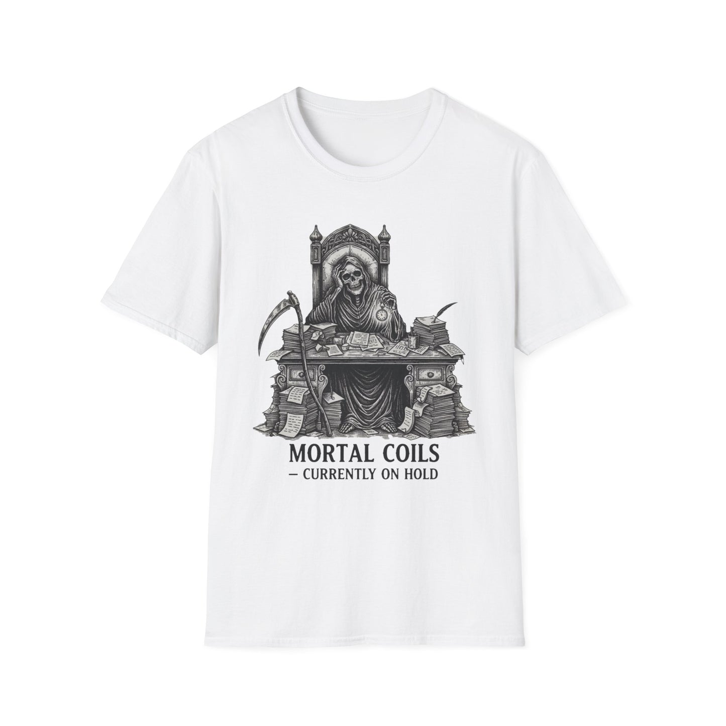 Mortal Coils Currently on Hold graphic t-shirt mockup