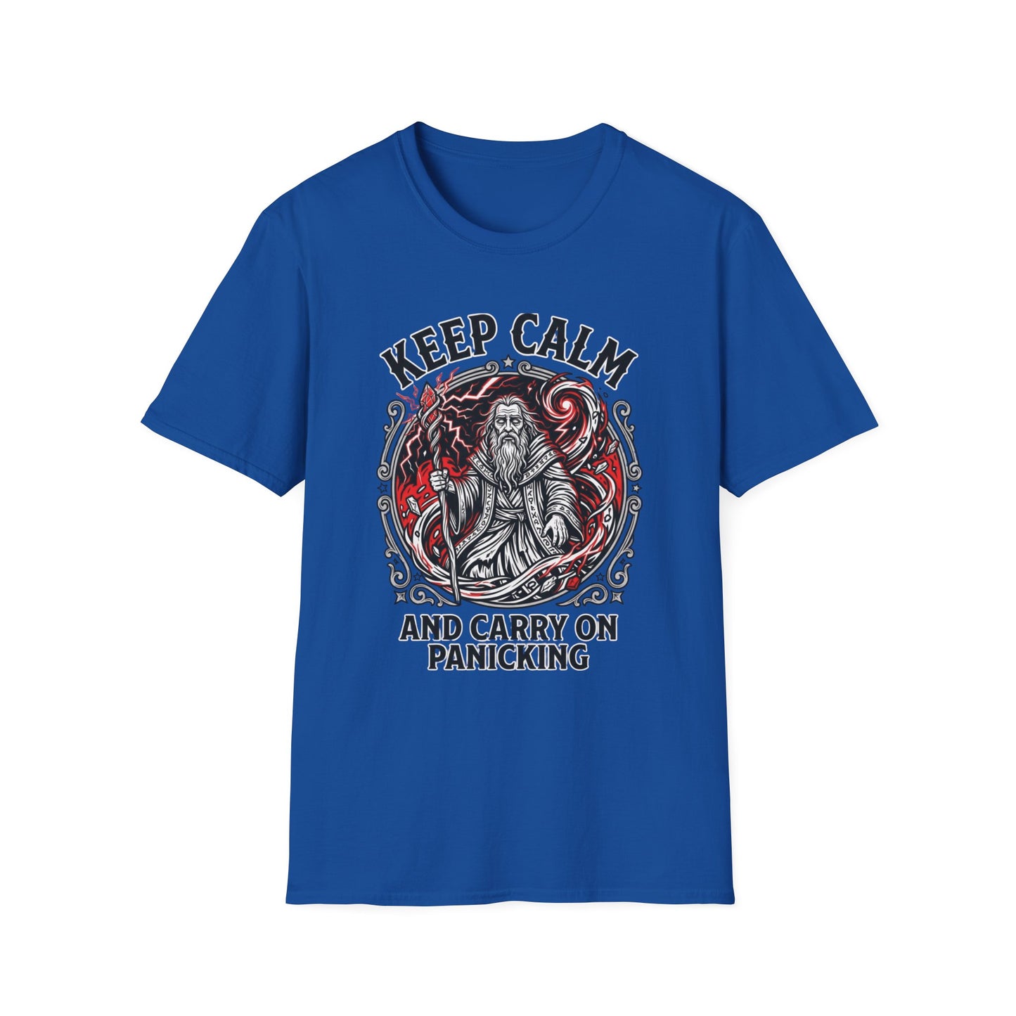 Keep Calm and Carry on Panicking graphic t-shirt mockup