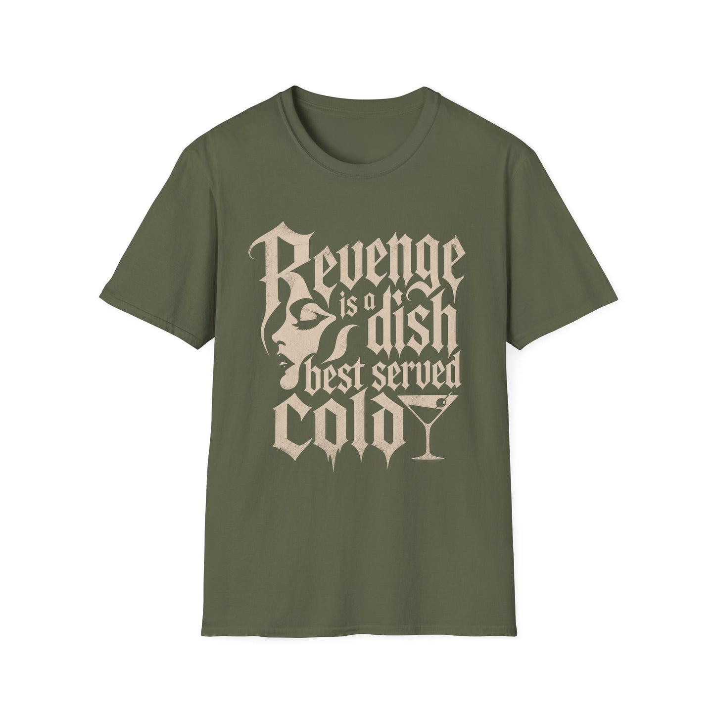 Revenge Is a Dish Best Served Cold - Monochrome graphic t-shirt mockup
