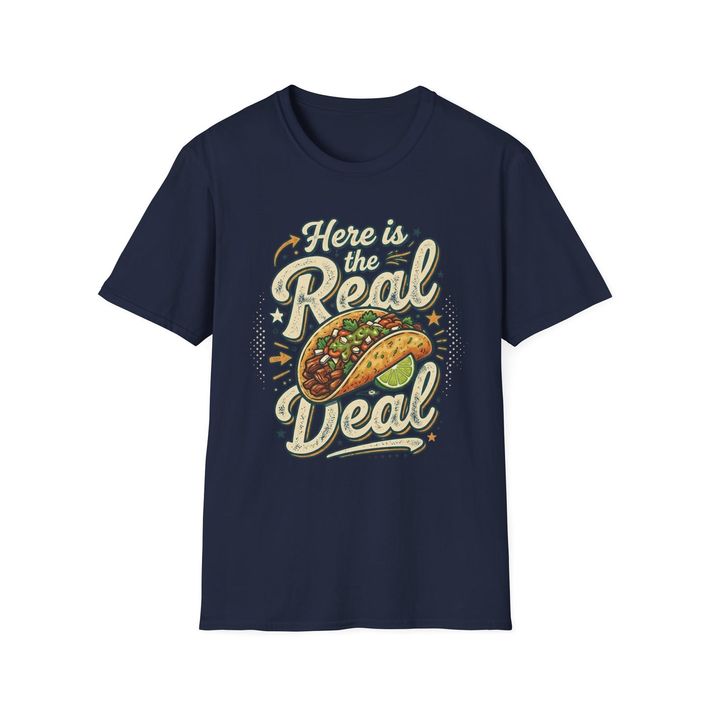 Here Is the Real Deal - Retro Script graphic t-shirt mockup