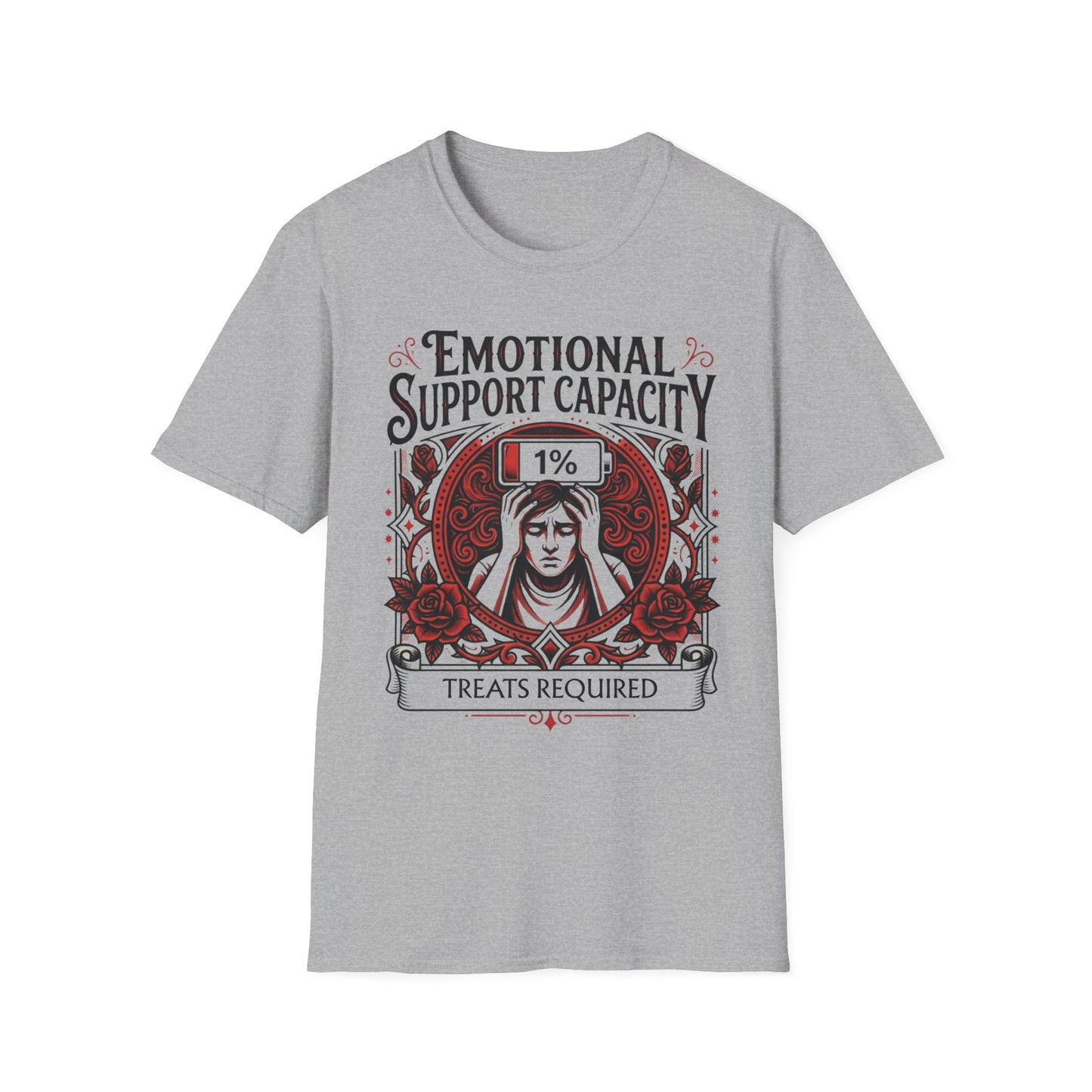 Emotional Support Capacity: 1% Treat Required graphic t-shirt mockup